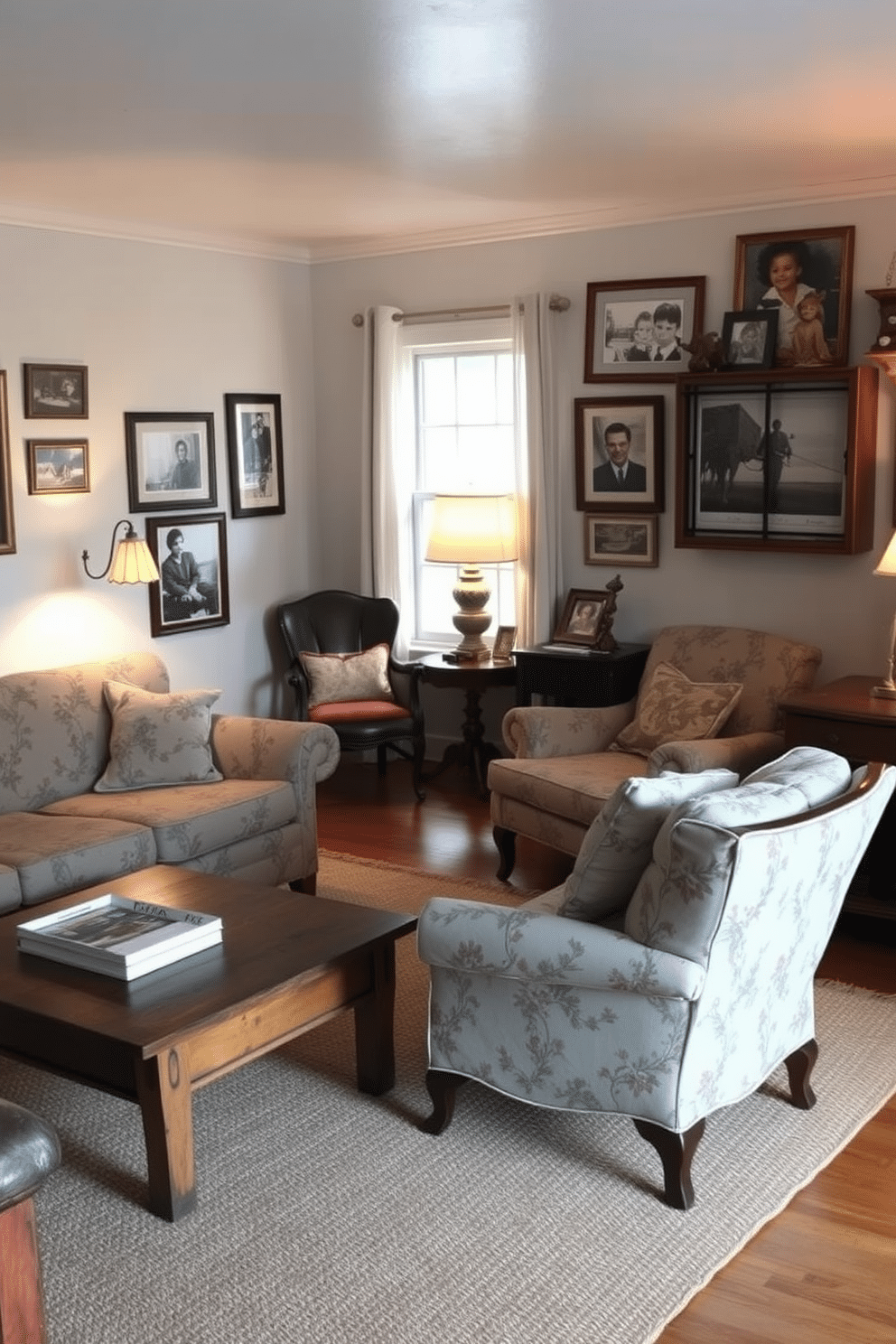 A cozy family room filled with vintage furniture pieces that add character and charm. The room features a plush, oversized sofa in a muted floral pattern, paired with a rustic wooden coffee table and an antique armchair. Soft, warm lighting creates an inviting atmosphere, with a vintage floor lamp illuminating a corner reading nook. The walls are adorned with family photographs in eclectic frames, and a woven area rug ties the space together, enhancing the cozy feel.