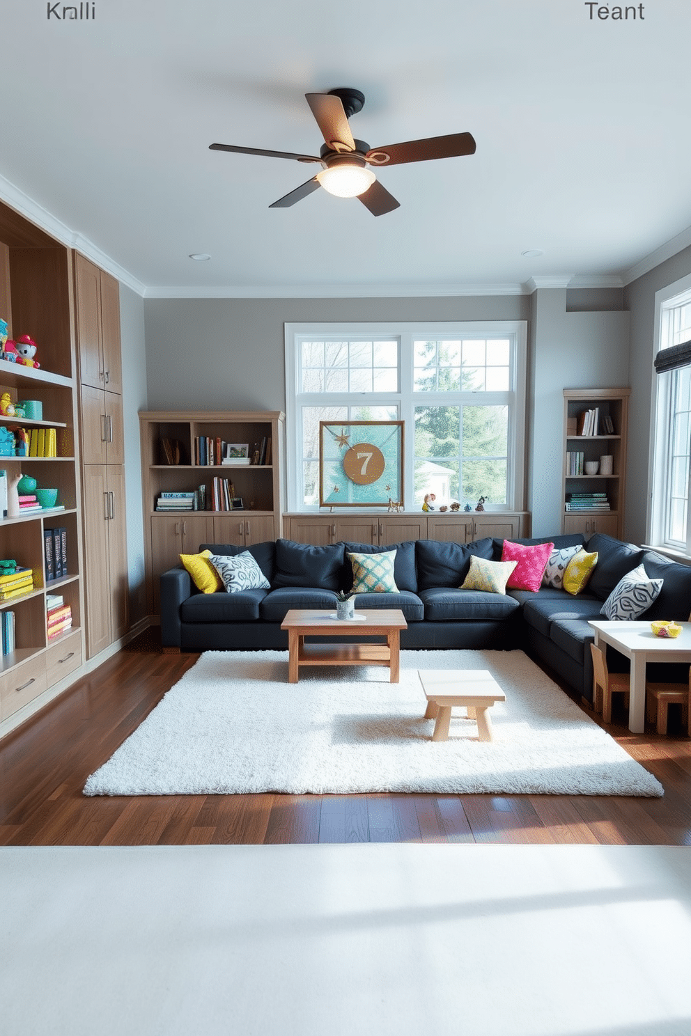 A cozy family room designed for functionality and comfort, featuring a large sectional sofa adorned with colorful throw pillows. Against one wall, built-in shelves provide ample storage for toys, books, and games, while a soft area rug anchors the seating area. Incorporating playful elements, the room includes a dedicated play corner with a low table and child-sized chairs. Large windows allow natural light to flood the space, creating an inviting atmosphere for family activities and relaxation.