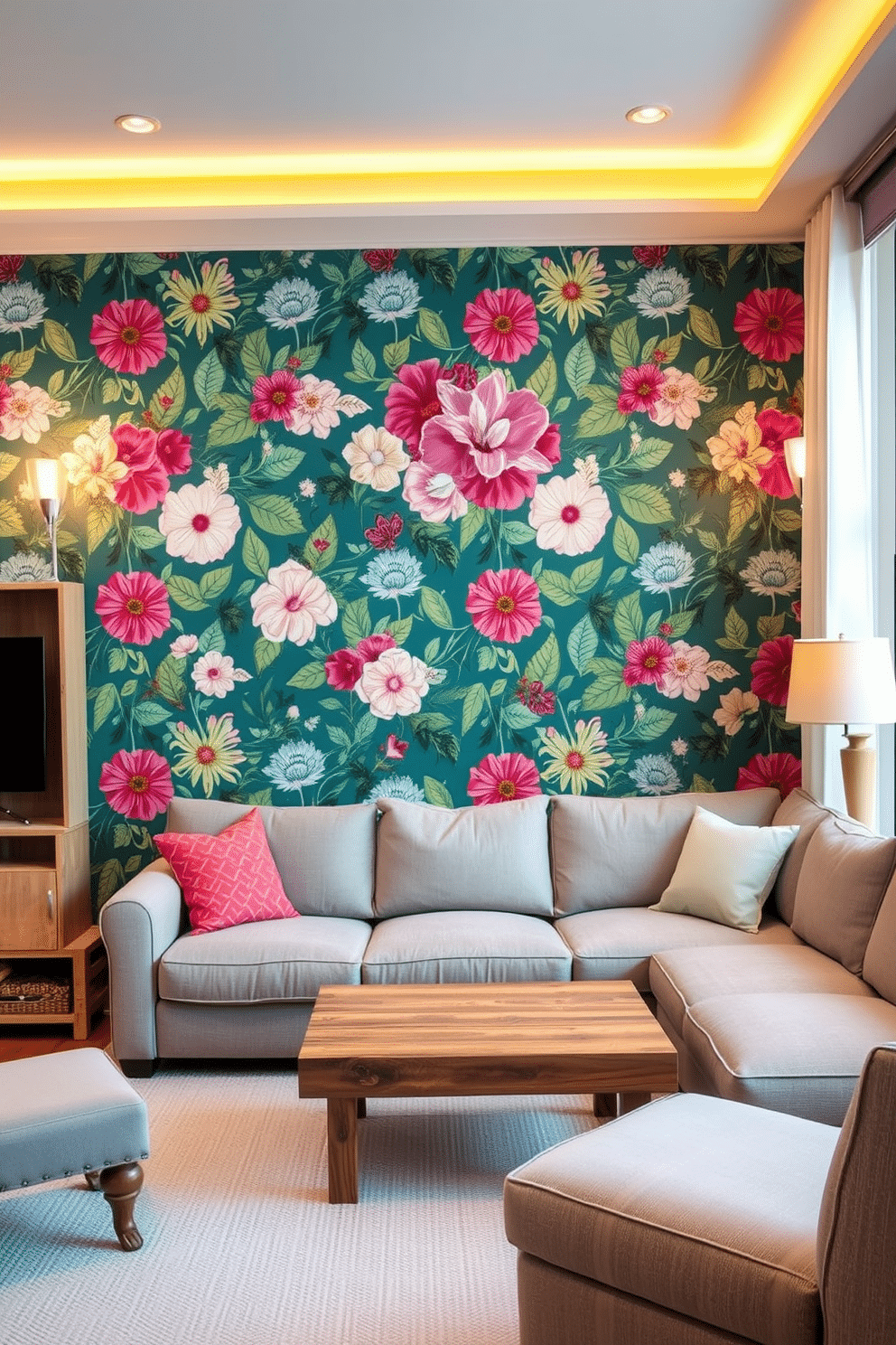 Accent wall with bold wallpaper design. The wall features a vibrant floral pattern that adds a striking focal point to the room, complemented by neutral-toned furnishings. Simple family room design ideas. The space includes a cozy sectional sofa in soft gray, paired with a rustic wooden coffee table and warm, inviting lighting fixtures.