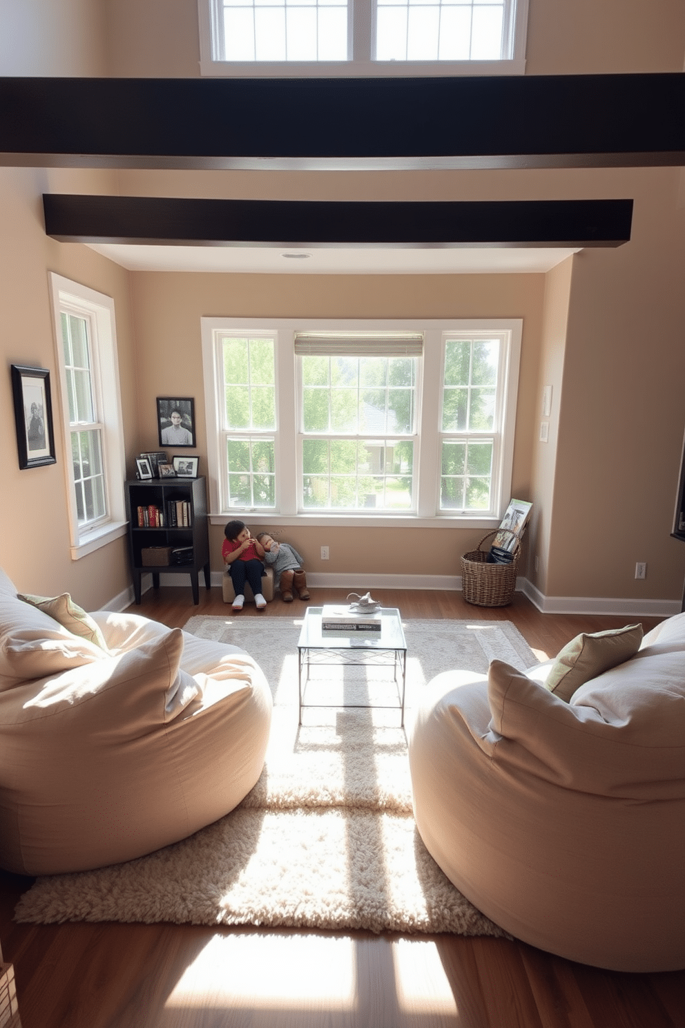 A cozy family room features a pair of oversized bean bags in soft, neutral fabrics, inviting relaxation and casual gatherings. Natural light floods the space through large windows, highlighting a minimalist coffee table and a plush area rug that anchors the seating arrangement. The walls are painted in a warm beige tone, creating an inviting atmosphere, while a few framed family photos add a personal touch. A small bookshelf in the corner holds a selection of favorite books and games, encouraging quality family time together.