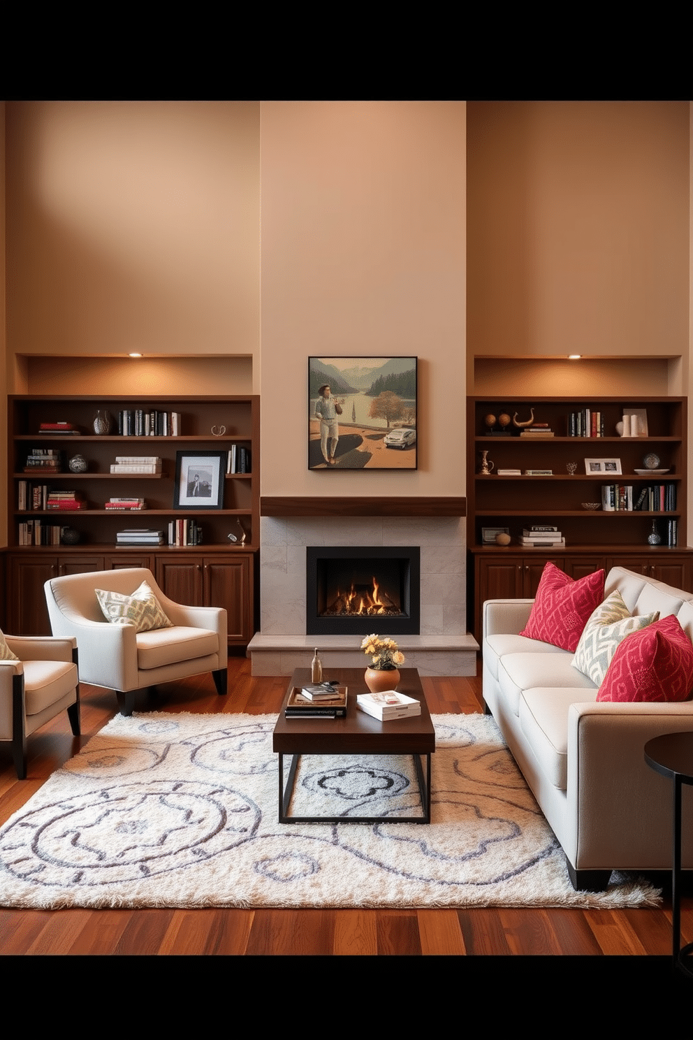 A cozy family room featuring a modern fireplace as the focal point. The walls are painted in a warm beige tone, complementing the rich wooden flooring and creating an inviting atmosphere. Plush seating arrangements include a large sectional sofa adorned with colorful throw pillows, paired with a stylish coffee table. A soft area rug anchors the space, while shelves filled with books and decorative items add a personal touch.