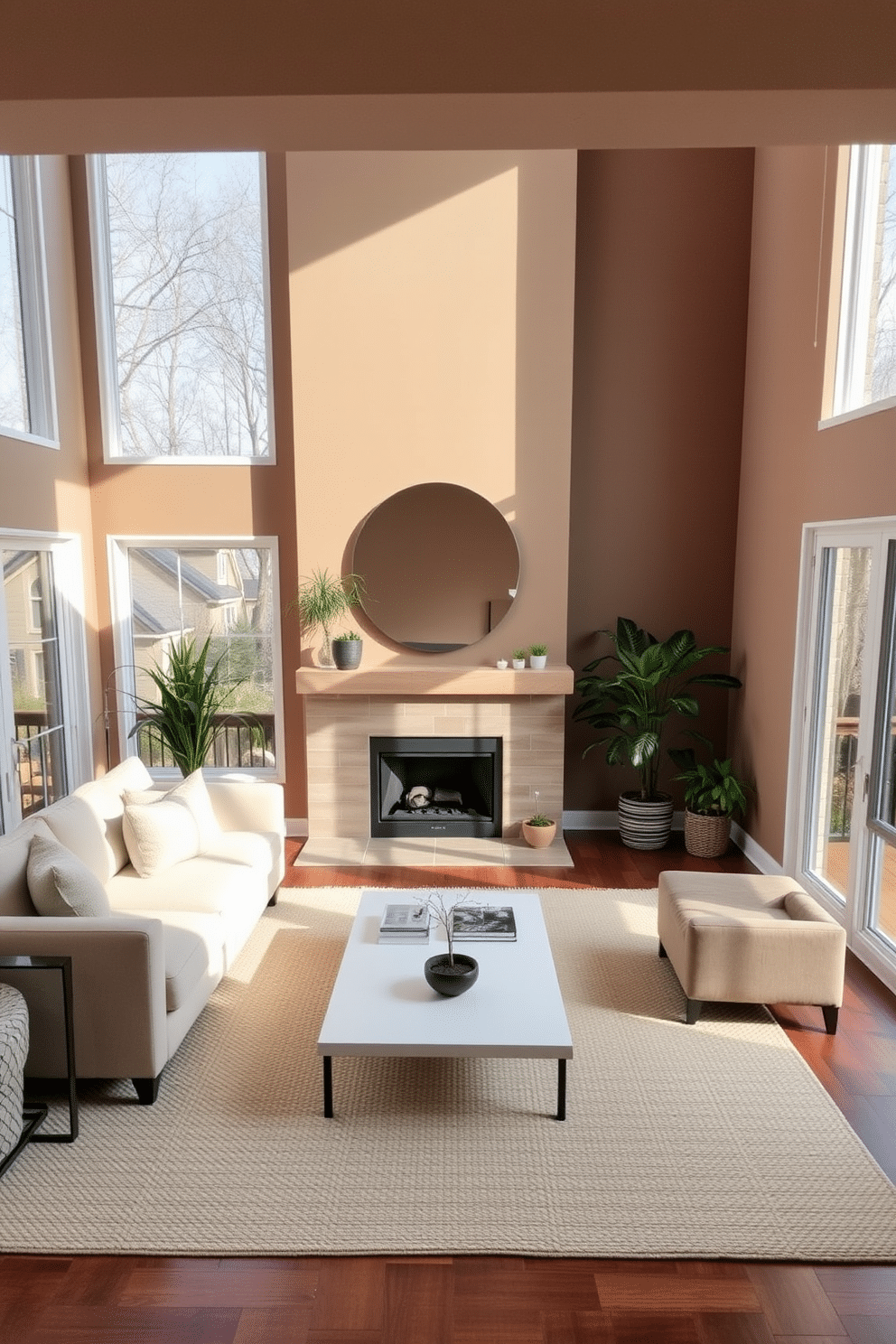 A cozy family room with large windows allowing natural light to flood in. The space features a soft beige sectional sofa facing a minimalist coffee table, with a large round mirror above the fireplace reflecting the light. The walls are painted a warm taupe, complemented by a textured area rug in cream. A few potted plants are strategically placed around the room, adding a touch of greenery and vibrancy.