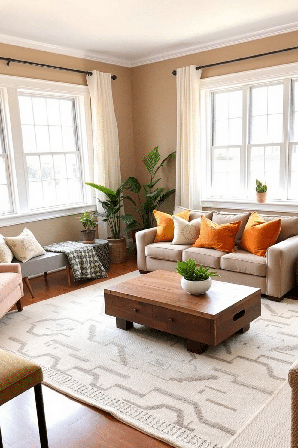 A cozy family room featuring a neutral color palette with warm accents. Soft beige walls complement a plush taupe sofa adorned with vibrant mustard yellow and burnt orange throw pillows. The room includes a rustic wooden coffee table centered on a light gray area rug. Large windows allow natural light to flood in, creating a welcoming atmosphere enhanced by a few potted plants in the corners.