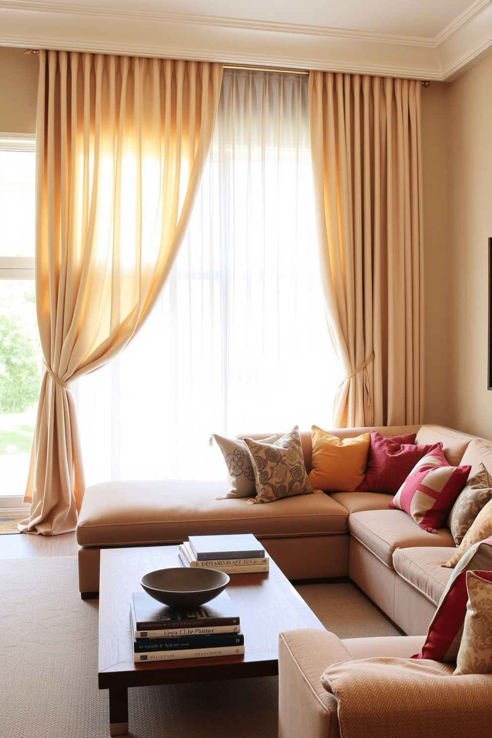 A pair of elegant, floor-to-ceiling curtains in a soft, neutral fabric drapes gracefully around a large window, filtering natural light while providing privacy. The curtains are accented with subtle gold tiebacks that add a touch of sophistication to the overall aesthetic. A cozy family room features a plush sectional sofa in a warm beige tone, complemented by a mix of colorful throw pillows for added comfort and style. A wooden coffee table sits at the center, adorned with a stack of design books and a decorative bowl, creating an inviting space for relaxation and family gatherings.