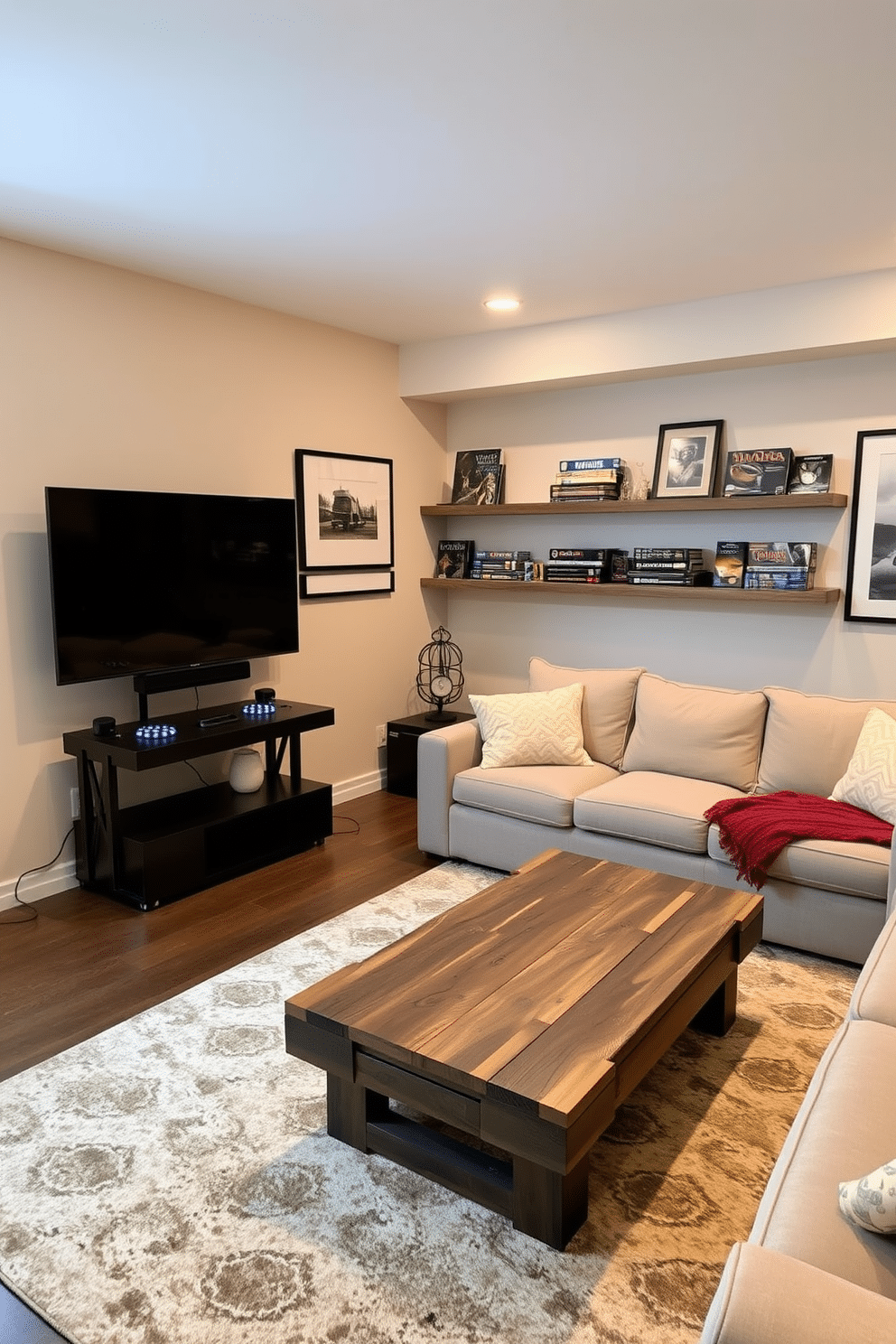 A cozy game corner featuring a sleek gaming console and a plush sectional sofa in a neutral color palette. The walls are adorned with framed artwork and shelves filled with board games, creating an inviting atmosphere for family fun. A simple family room design that emphasizes comfort and functionality. The space includes a large area rug, a coffee table made from reclaimed wood, and soft lighting to enhance relaxation and togetherness.