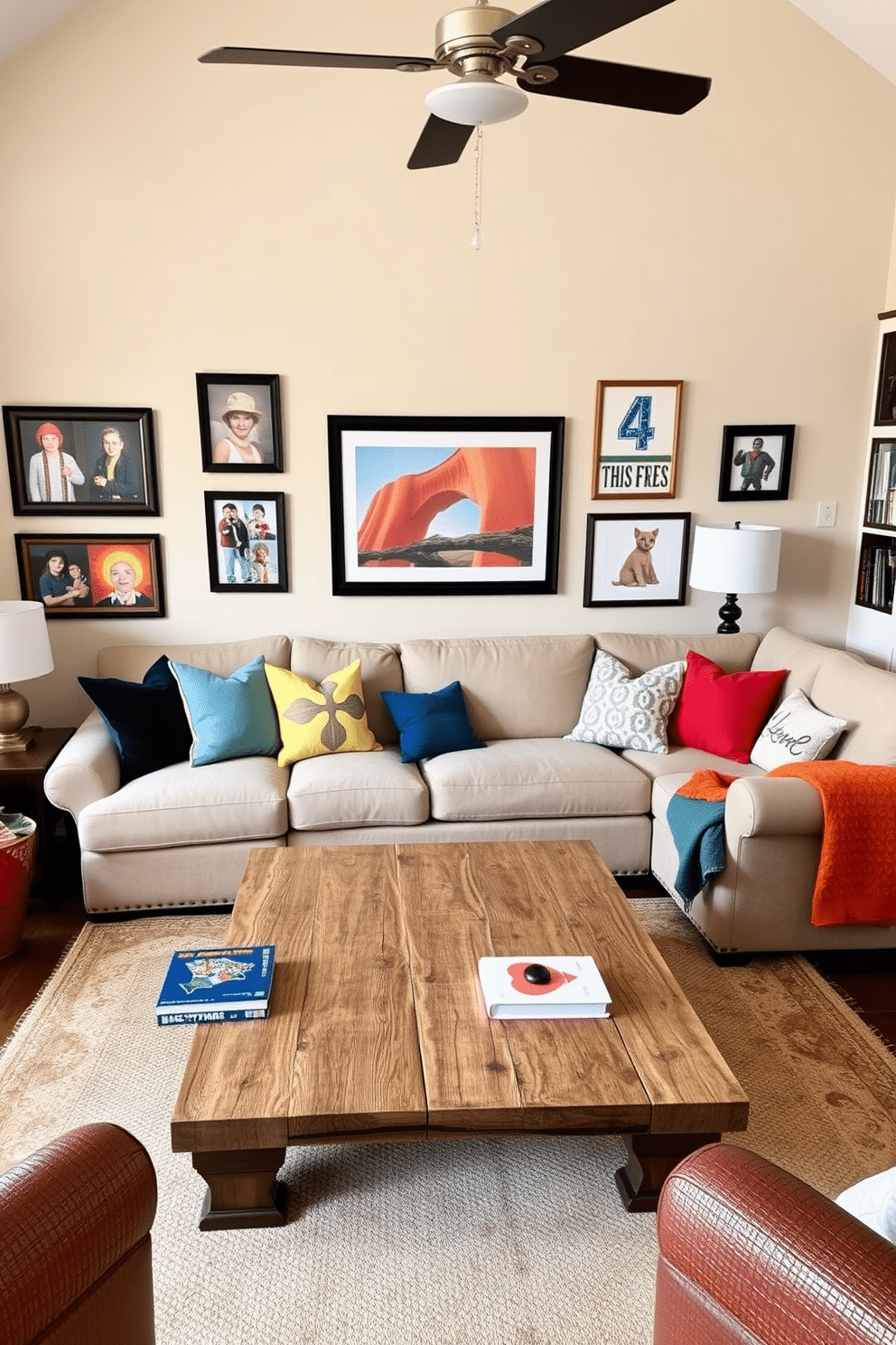 A cozy family room that showcases personalized decor reflecting family interests. The walls are adorned with framed photographs and artwork created by family members, creating a warm and inviting atmosphere. A plush sectional sofa in a neutral tone is complemented by colorful throw pillows that represent each family member's favorite colors. A large coffee table made of reclaimed wood sits in the center, surrounded by books and games that highlight the family's shared hobbies.