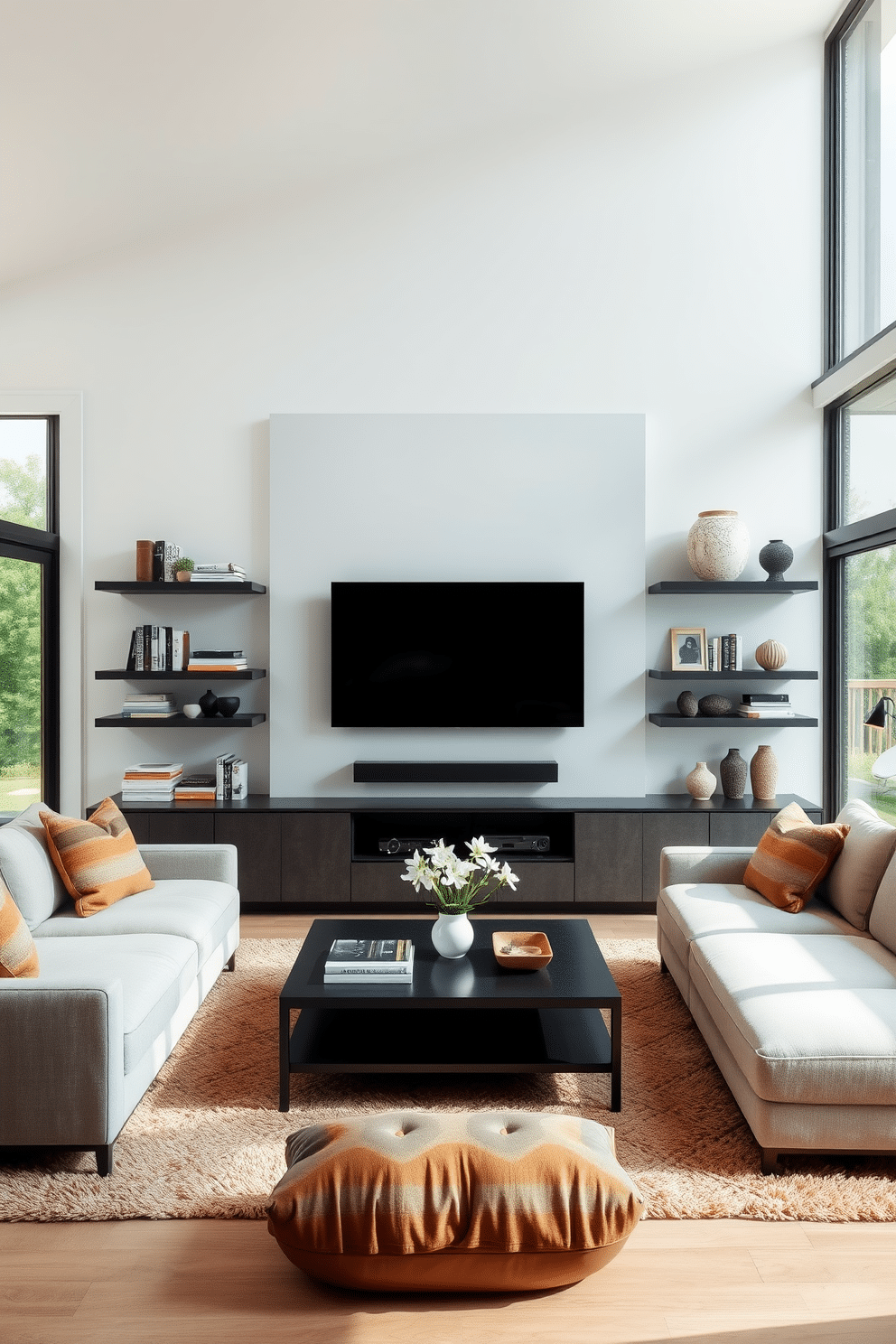 A sleek family room featuring a wall-mounted TV that enhances the modern aesthetic. The space includes a plush sectional sofa in a neutral tone, paired with a minimalist coffee table and soft area rug for added comfort. Natural light floods the room through large windows, accentuating the clean lines and open layout. Decorative shelves on either side of the TV display curated books and stylish decor, creating a warm and inviting atmosphere.