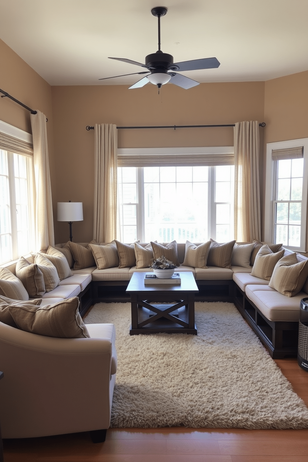 A cozy family room features cushioned benches arranged around a central coffee table, providing ample seating for family gatherings. The walls are painted in a warm beige tone, complemented by soft, textured throw pillows in earthy colors on the benches. Natural light floods the space through large windows adorned with sheer curtains, creating an inviting atmosphere. A plush area rug anchors the seating area, adding comfort and warmth to the room.