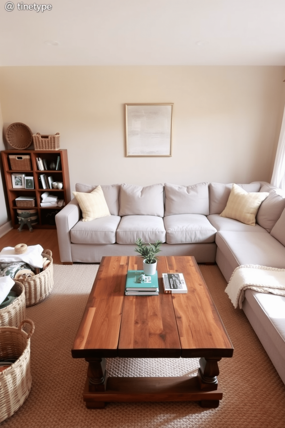 A cozy family room designed for comfort and functionality. Soft beige walls create a warm backdrop, while a large sectional sofa in a light gray fabric invites relaxation. Strategically placed baskets in natural fibers provide organized storage for toys and blankets, enhancing the room's tidiness. A rustic coffee table made of reclaimed wood sits at the center, adorned with a few decorative books and a small potted plant.