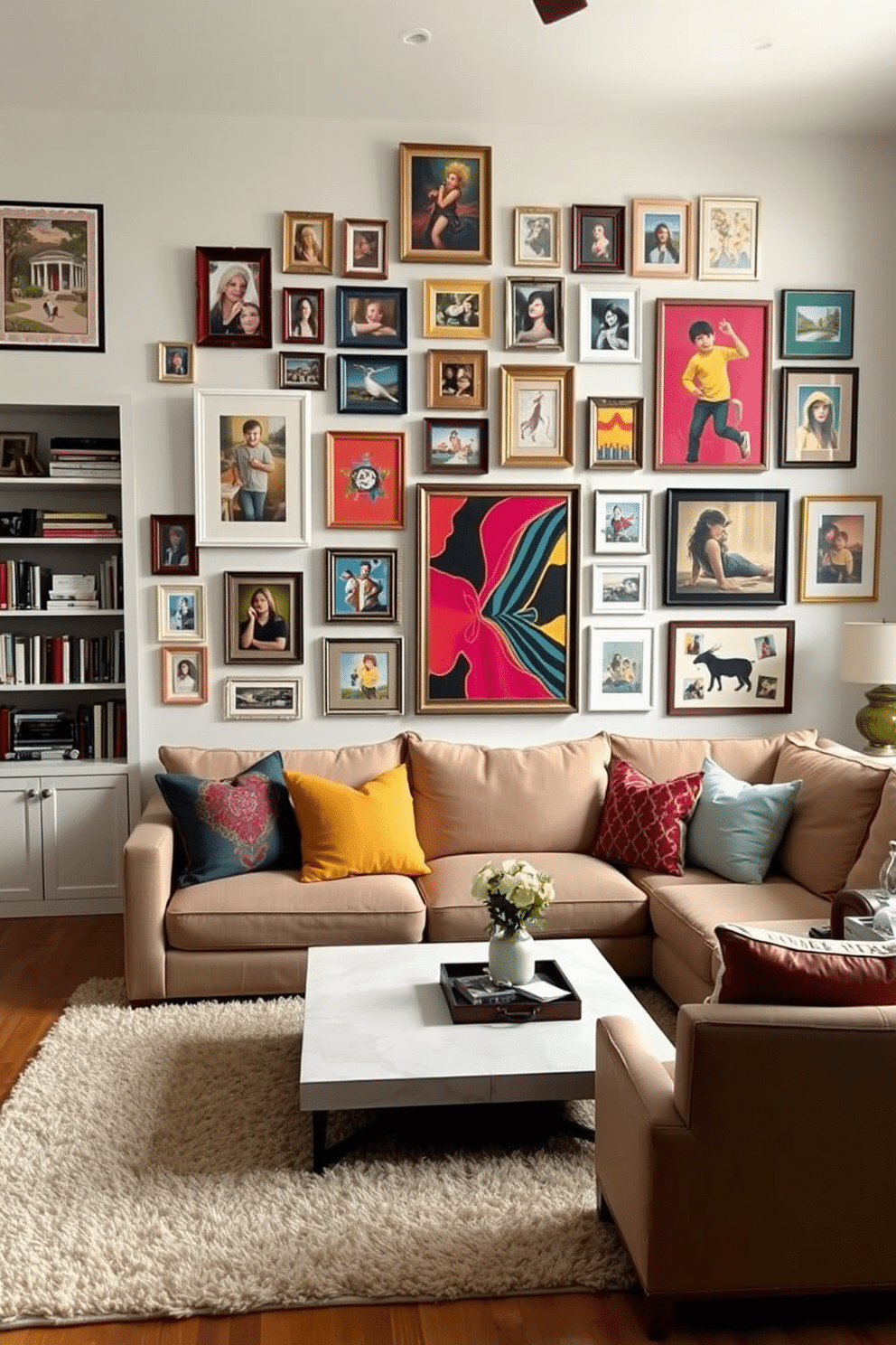 A gallery wall adorned with a mix of family photos and vibrant art pieces, showcasing a variety of frames in different sizes and finishes. The wall is painted a soft white, allowing the colors of the artwork to pop while creating a warm and inviting atmosphere. A cozy family room featuring a plush sectional sofa in a neutral tone, accented with colorful throw pillows. A large coffee table sits in the center, surrounded by a soft area rug, and a built-in bookshelf filled with books and decorative items lines one wall.