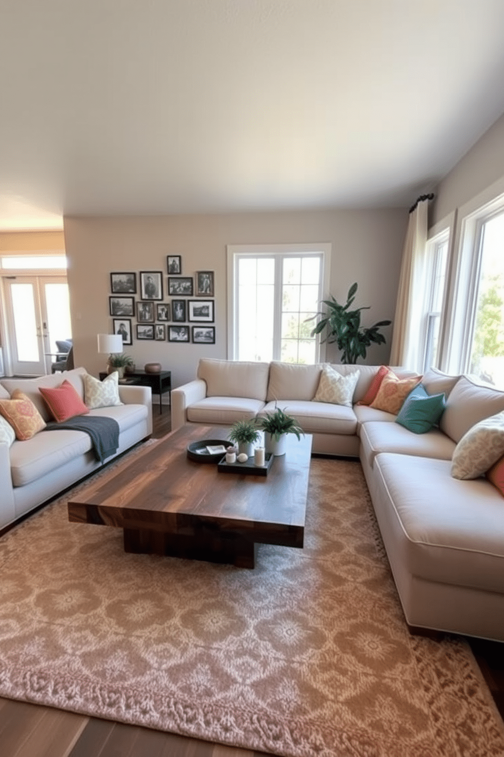 A cozy family room features an oversized coffee table made of reclaimed wood, surrounded by plush sectional sofas in soft neutral tones. The space is accented with colorful throw pillows and a large area rug that adds warmth, while a gallery wall of family photos creates a personal touch. Natural light floods in through large windows, enhancing the inviting atmosphere. A few potted plants are strategically placed to bring a touch of greenery into the room.