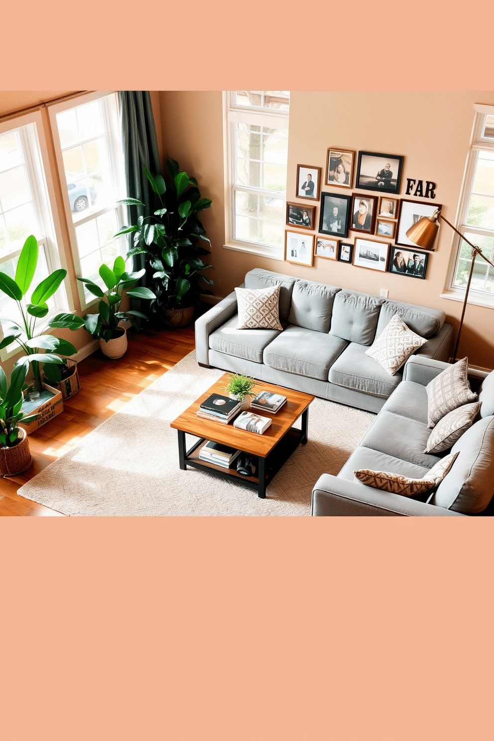 A cozy family room filled with natural light, featuring a comfortable sectional sofa in a soft gray fabric. Lush green plants are strategically placed in the corners, adding a fresh vibe to the space, while a wooden coffee table sits at the center, adorned with decorative books and a small potted plant. The walls are painted in a warm beige tone, creating an inviting atmosphere, and a large area rug anchors the seating area. A gallery wall of family photos and artwork adds a personal touch, while a stylish floor lamp provides soft lighting for evening gatherings.