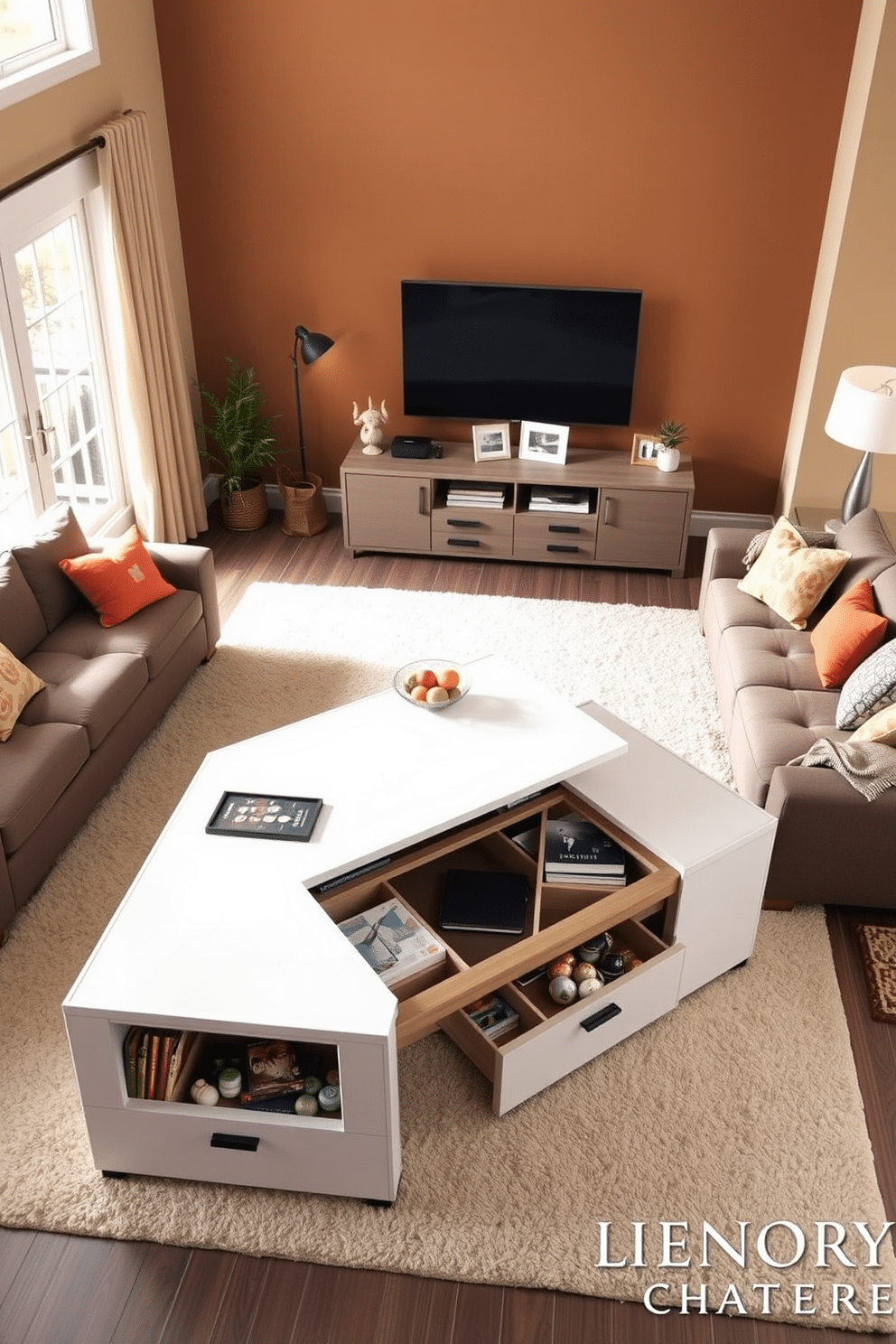 A sleek, multifunctional coffee table that can transform into a dining table, featuring built-in storage compartments for books and games. The surrounding seating includes a modular sofa that can be rearranged to accommodate guests, upholstered in a durable yet stylish fabric. A cozy family room with a warm color palette that invites relaxation, featuring a large sectional sofa adorned with colorful throw pillows. The space is anchored by a soft area rug, and a media console holds a large TV, while a few family photos and decorative items add a personal touch.