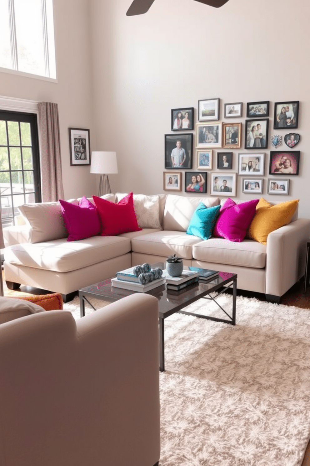 A cozy family room featuring a neutral sofa adorned with bright throw pillows in vibrant colors, adding a cheerful touch to the space. A soft area rug anchors the seating arrangement, while a stylish coffee table sits at the center, topped with a few decorative books and a small plant. Large windows allow natural light to flood the room, enhancing the inviting atmosphere. A gallery wall of family photos and art adds a personal touch, creating a warm and welcoming environment for gatherings.