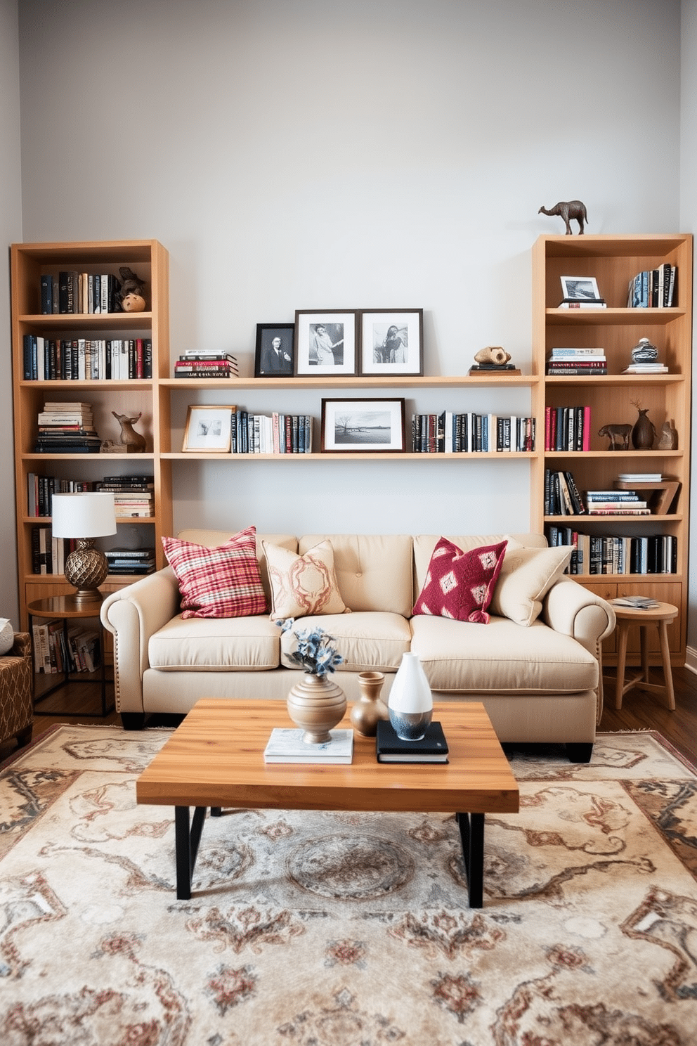 A cozy family room featuring open shelving filled with books and decorative items. The shelves are made of light wood, creating a warm contrast against the soft gray walls. A comfortable sectional sofa is positioned in the center, adorned with colorful throw pillows. A large area rug anchors the seating area, while a coffee table with a natural wood finish sits in front, holding a few curated decor pieces.