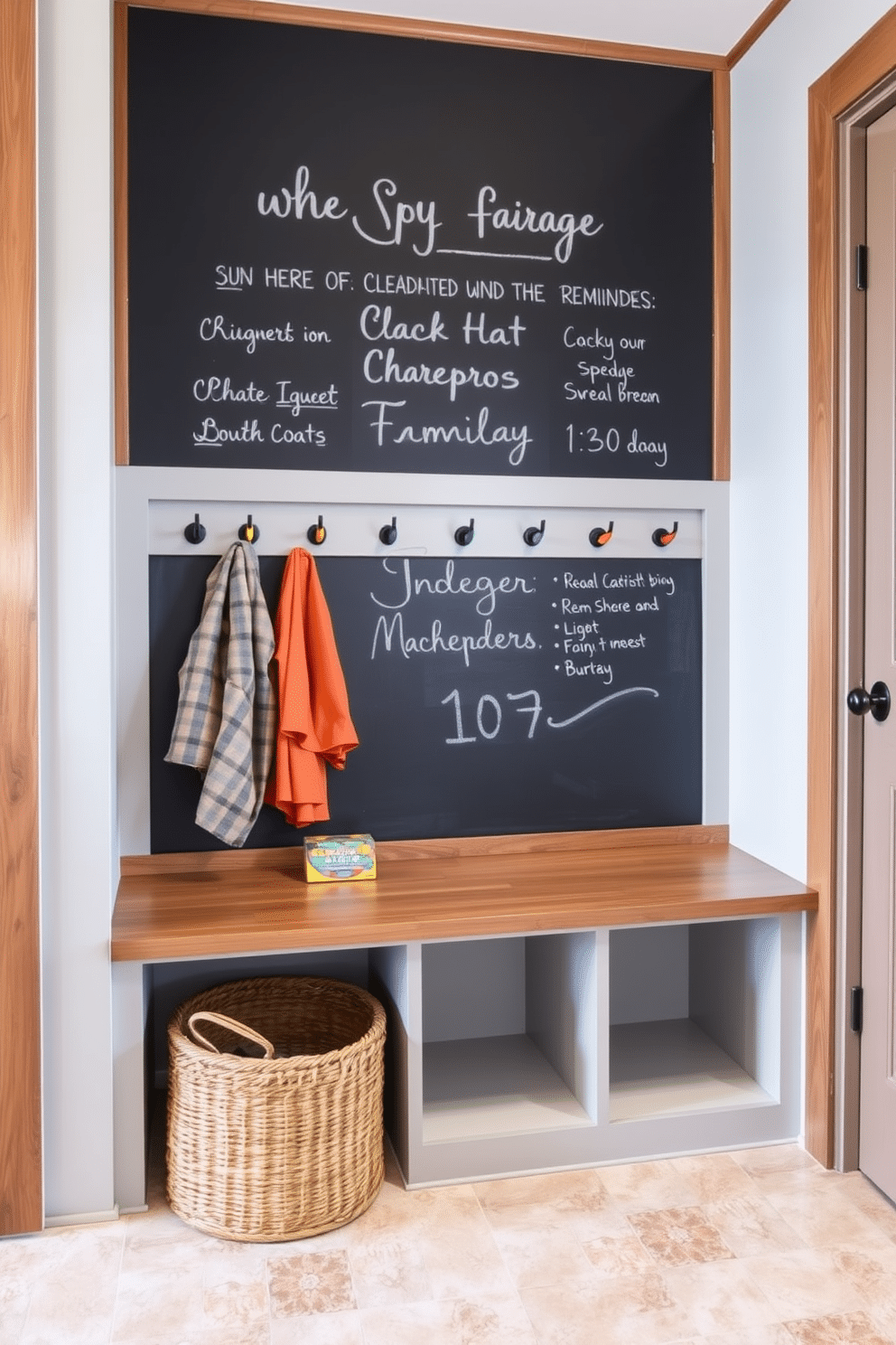 A chalkboard wall serves as a dynamic space for family messages and reminders, creating a functional yet playful atmosphere. The wall is framed with rustic wood trim, and colorful chalks are neatly organized in a small shelf below. The mudroom features a simple yet stylish design with built-in benches and hooks for coats and bags. Light gray shiplap walls complement the durable tile flooring, while a woven basket sits beneath the bench for added storage.