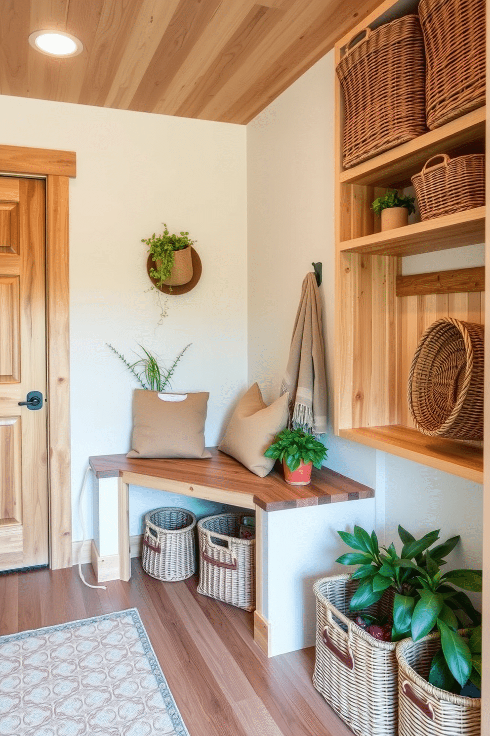 A cozy mudroom featuring natural wood accents throughout, including a rustic bench and open shelving for storage. The walls are painted in a soft, neutral tone, creating a welcoming atmosphere enhanced by potted plants and woven baskets.