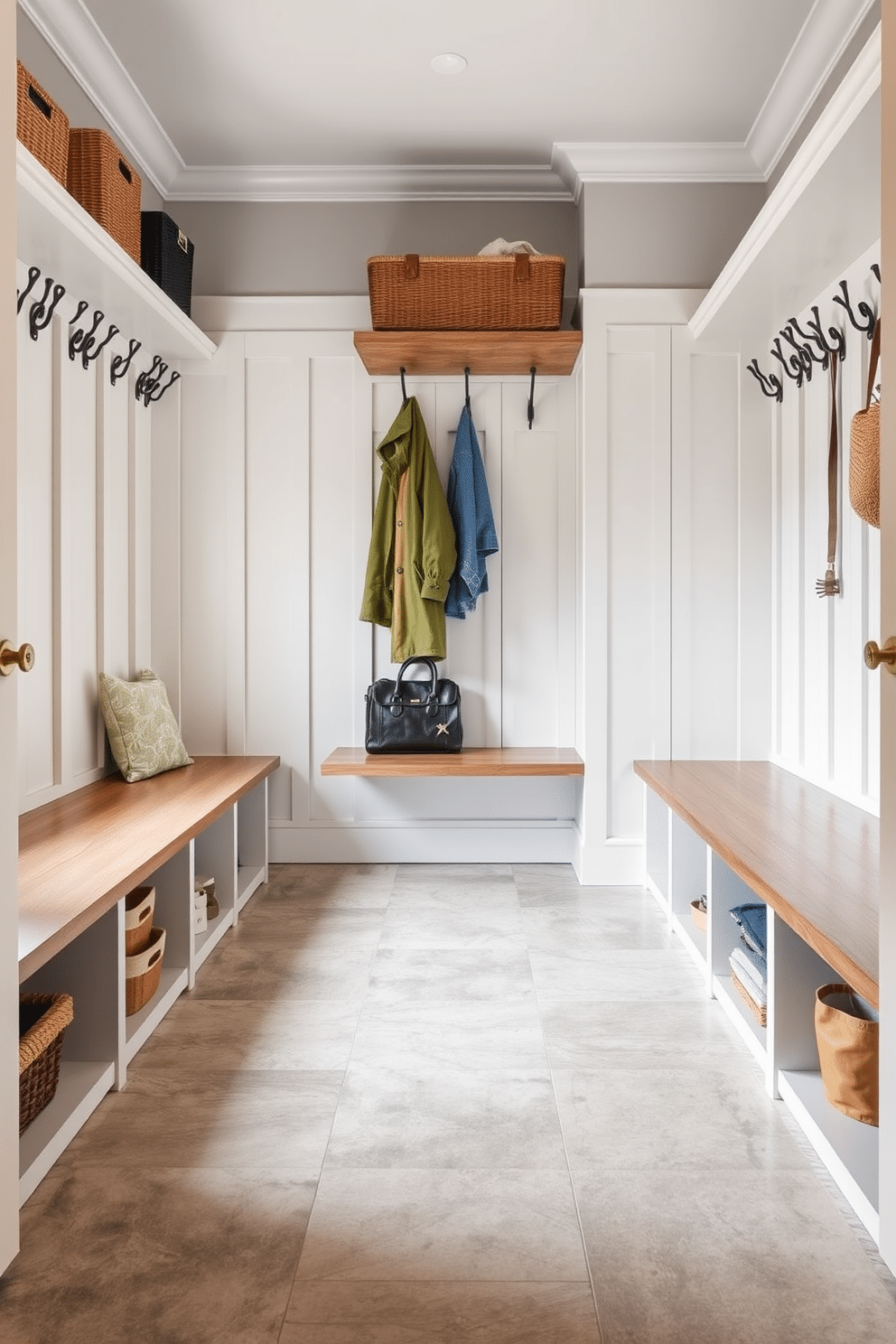 A functional mudroom featuring durable floor tiles designed for easy cleaning. The space includes built-in benches with storage underneath, and hooks for coats line the walls, creating an organized and welcoming entryway.