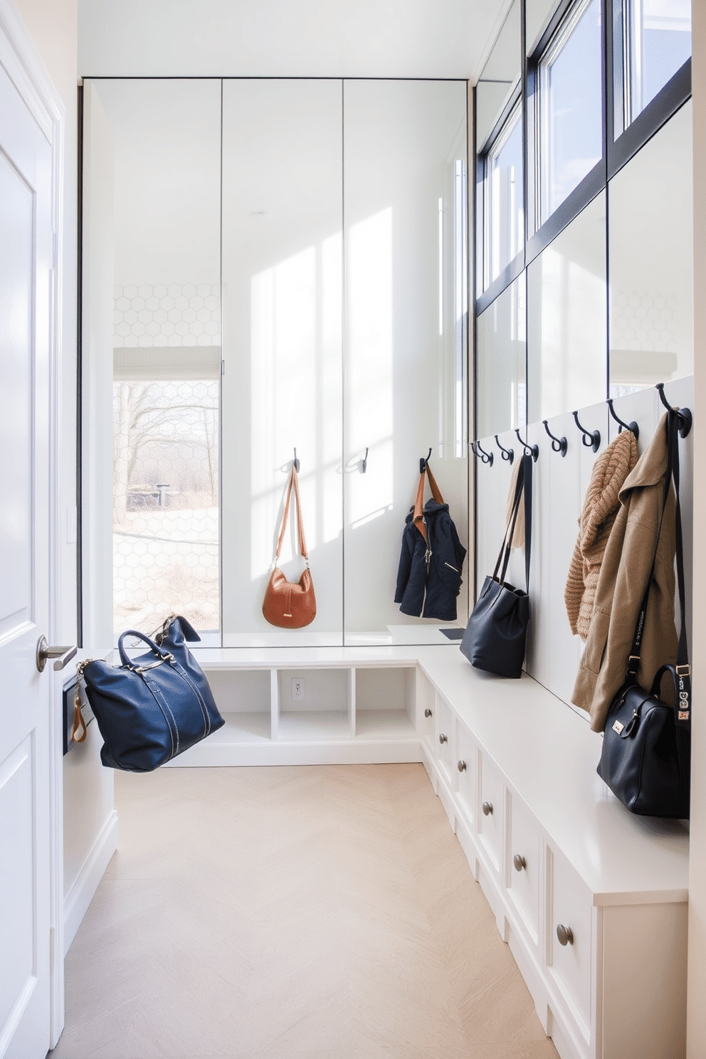 A stylish mudroom features a mirrored wall that reflects natural light, creating an airy and inviting atmosphere. The space includes built-in benches with storage underneath, complemented by hooks for coats and bags, all in a soft, neutral color palette.