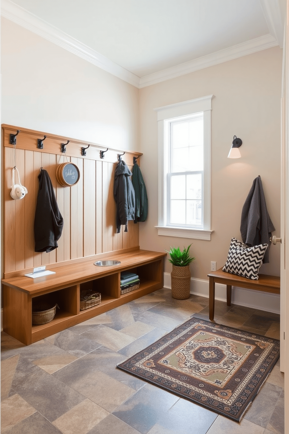 A stylish mudroom features an integrated pet station with a built-in feeding area and storage for pet supplies. The space is adorned with a warm wood bench, hooks for coats, and a durable tile floor that complements the overall design. The walls are painted in a soft, welcoming color, and natural light floods the room through a large window. A decorative rug adds a touch of comfort, while a small plant brings life to the space.