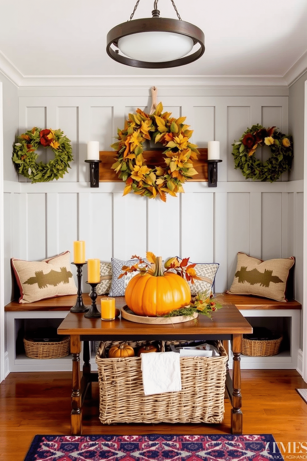 Seasonal decor for a welcoming feel. Picture a cozy entryway adorned with autumn-themed decorations, featuring a large pumpkin centerpiece on a rustic wooden table, surrounded by warm-toned candles and a woven basket filled with seasonal foliage. Simple Mudroom Design Ideas. Envision a functional mudroom with built-in benches and cubbies, painted in a soft gray tone, complemented by a durable, patterned rug that adds a pop of color.