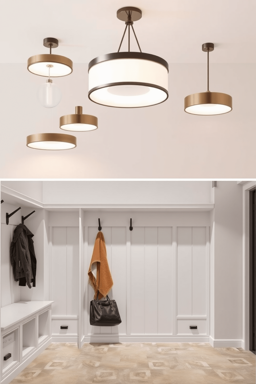 A collection of elegant light fixtures designed to create a bright and inviting ambiance. These fixtures combine modern aesthetics with functionality, featuring sleek lines and warm LED lighting to enhance the overall atmosphere of any room. A simple mudroom design that emphasizes practicality and organization. The space includes built-in storage benches, hooks for coats, and a durable floor that can withstand heavy foot traffic, all while maintaining a clean and stylish appearance.