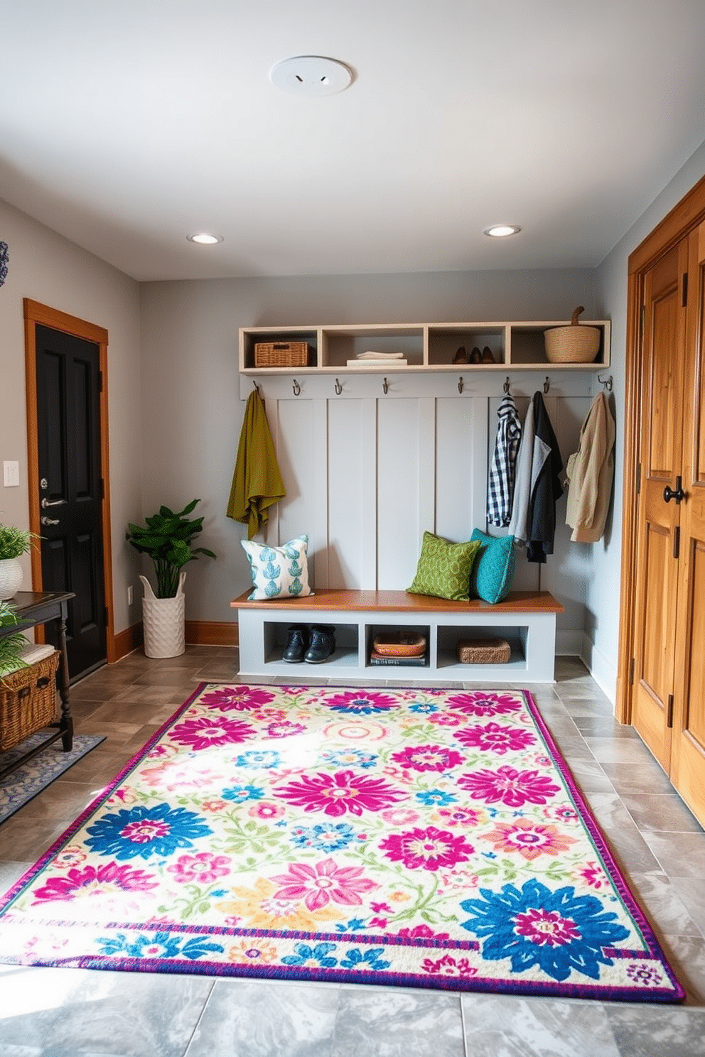 A colorful area rug is placed in the center of a cozy living room, featuring vibrant patterns that complement the surrounding decor. The rug adds warmth and comfort, inviting guests to relax and enjoy the space. The mudroom is designed with simplicity in mind, featuring a built-in bench with storage underneath and hooks for hanging coats. Light gray walls and natural wood accents create a welcoming atmosphere, while a durable tile floor ensures easy maintenance.