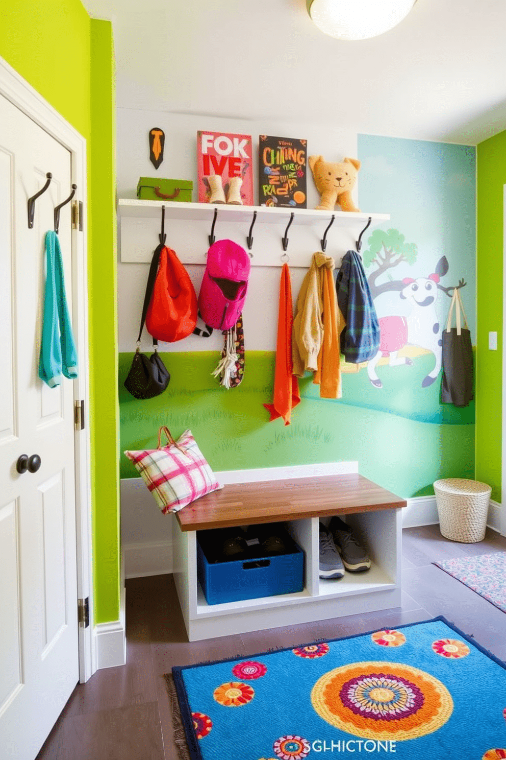 A playful mudroom designed for children, featuring customized hooks at varying heights for easy access to their gear. The walls are painted in bright colors, with a whimsical mural that inspires creativity and fun. The flooring is durable and easy to clean, with a cheerful patterned rug that adds warmth to the space. A small bench with storage underneath provides a convenient spot for kids to sit while putting on or taking off their shoes.