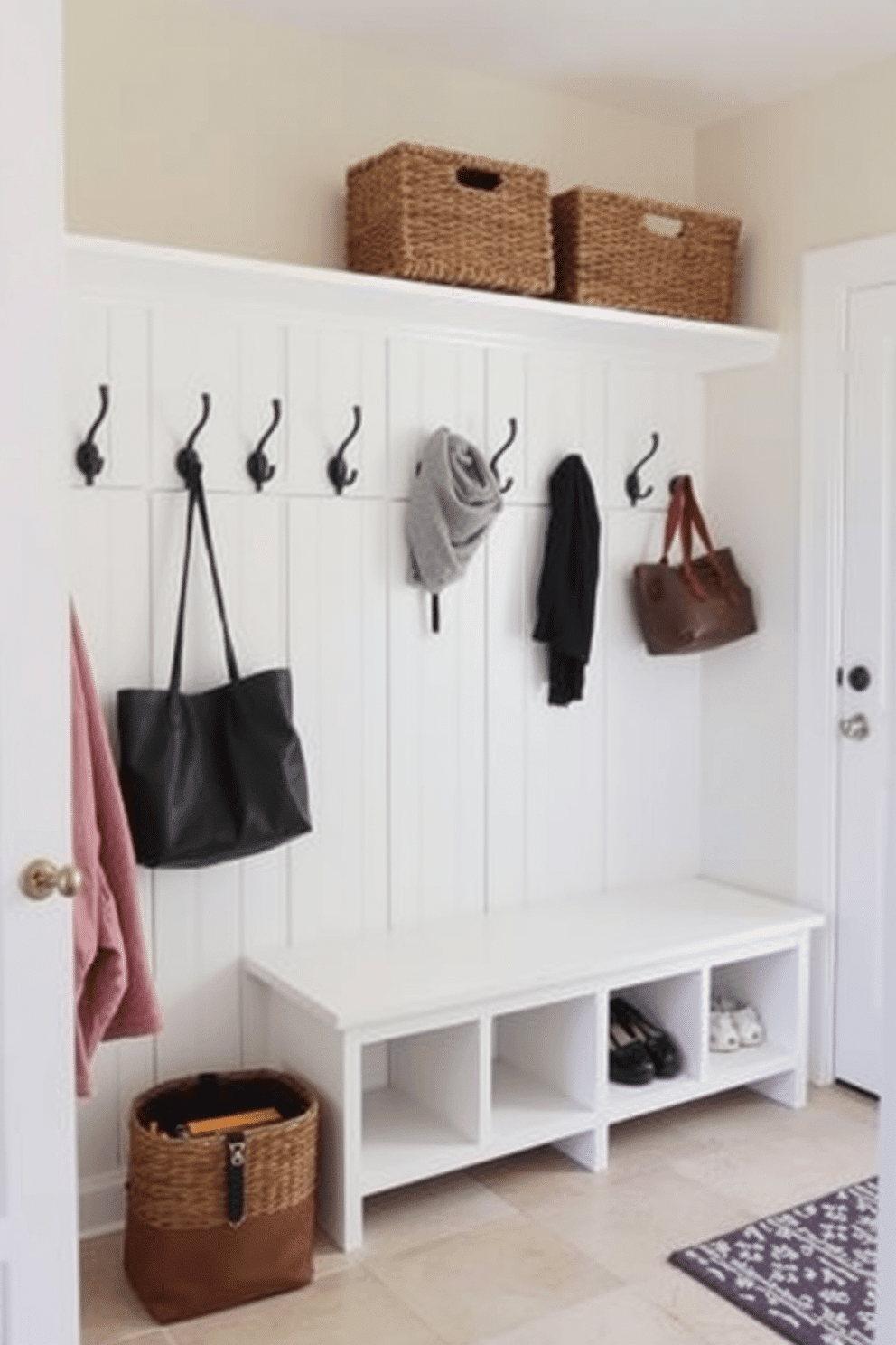 A simple mudroom design featuring wall-mounted hooks for easy access to coats and bags. The space includes a sleek bench with storage underneath and a light-colored tile floor for easy cleaning.