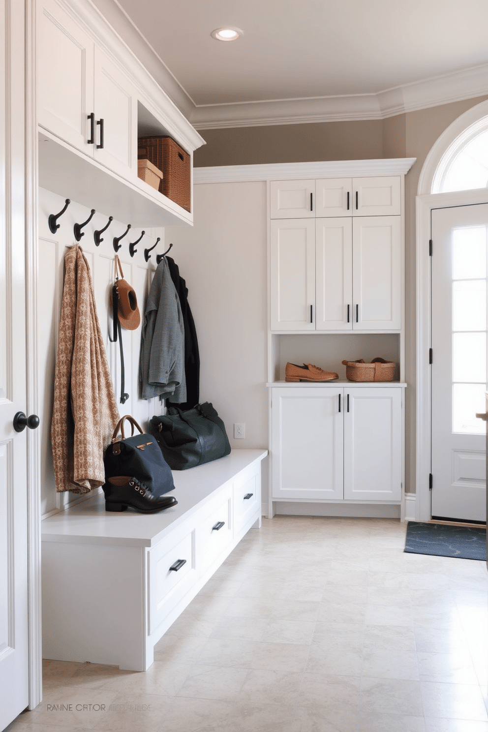 A mudroom designed for high traffic areas features durable materials like ceramic tile and weather-resistant cabinetry. The space includes a built-in bench with storage underneath, perfect for shoes and bags, while hooks line the wall for coats and accessories. The color palette consists of neutral tones, enhancing the room's bright and airy feel. A large window allows natural light to flood the space, making it both functional and inviting.