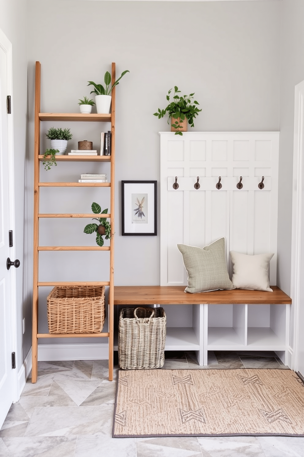 A stylish ladder shelf made of natural wood leans against a light gray wall, adorned with potted plants, books, and decorative boxes. Below the shelf, a woven basket adds texture, while a small framed artwork enhances the cozy atmosphere. A functional mudroom features a combination of built-in benches and hooks, finished in a soft white hue. The floor is tiled in a durable, patterned design, with a large area rug adding warmth and inviting comfort.