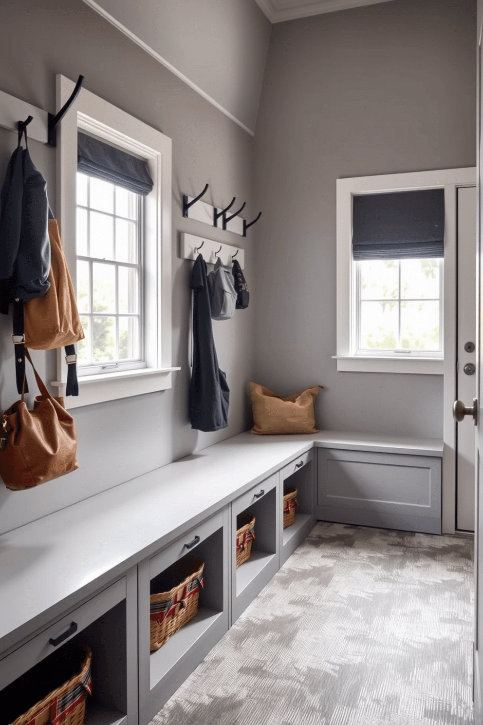 A functional mudroom features sleek hanging organizers for smaller items, providing easy access to essentials like keys and bags. The walls are painted in a soft gray, complemented by a durable, textured flooring that withstands foot traffic. Incorporating built-in benches with storage underneath adds both style and practicality to the space. Natural light floods in through a window, illuminating the organized chaos of a well-designed mudroom.