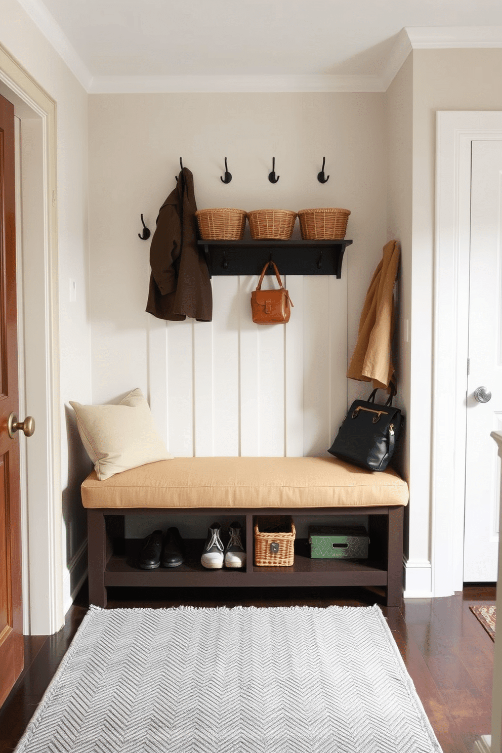 A cozy mudroom features a padded bench against the wall, offering comfortable seating for removing shoes. Above the bench, hooks are neatly arranged for hanging coats and bags, while a small shelf holds decorative baskets for storage. The walls are painted in a soft, neutral tone, creating a warm and inviting atmosphere. A durable, textured rug lies beneath the bench, adding both comfort and style to this functional space.