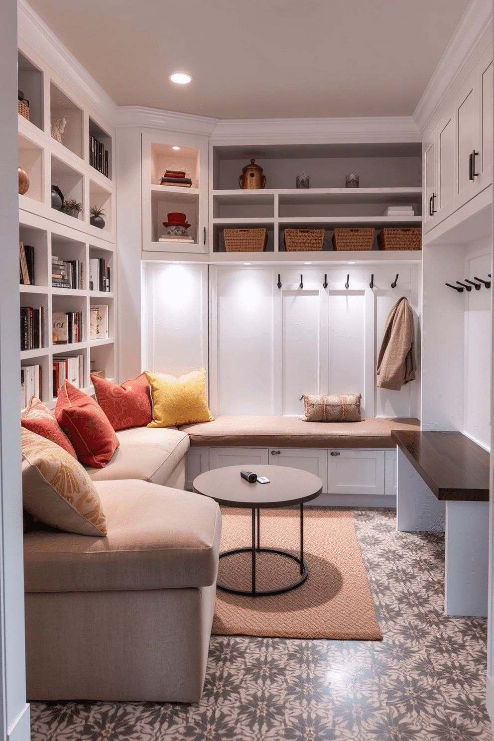 A cozy corner nook designed to maximize space features a plush, L-shaped sectional sofa adorned with colorful throw pillows. A small, round coffee table sits in front, surrounded by built-in shelves filled with books and decorative items, all illuminated by soft, ambient lighting. The simple mudroom design includes a row of sleek, white cabinetry with hooks for coats and a bench for seating. The floor is finished with durable, patterned tiles that add a touch of style while being easy to clean.