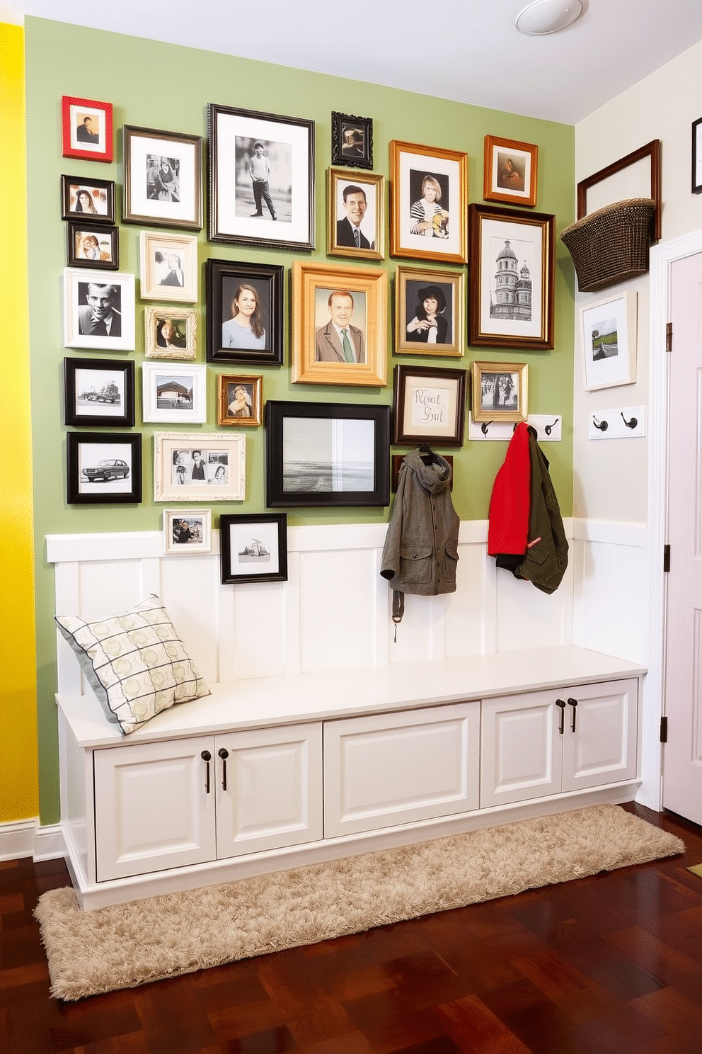 A vibrant gallery wall showcases a mix of framed artwork and personal photographs, creating a unique focal point in the room. The frames vary in size and style, adding an eclectic touch that reflects the homeowner's personality. The mudroom features a practical yet stylish design, with built-in benches and hooks for easy organization. A soft, durable rug lies beneath, complementing the cabinetry and providing a welcoming entryway.