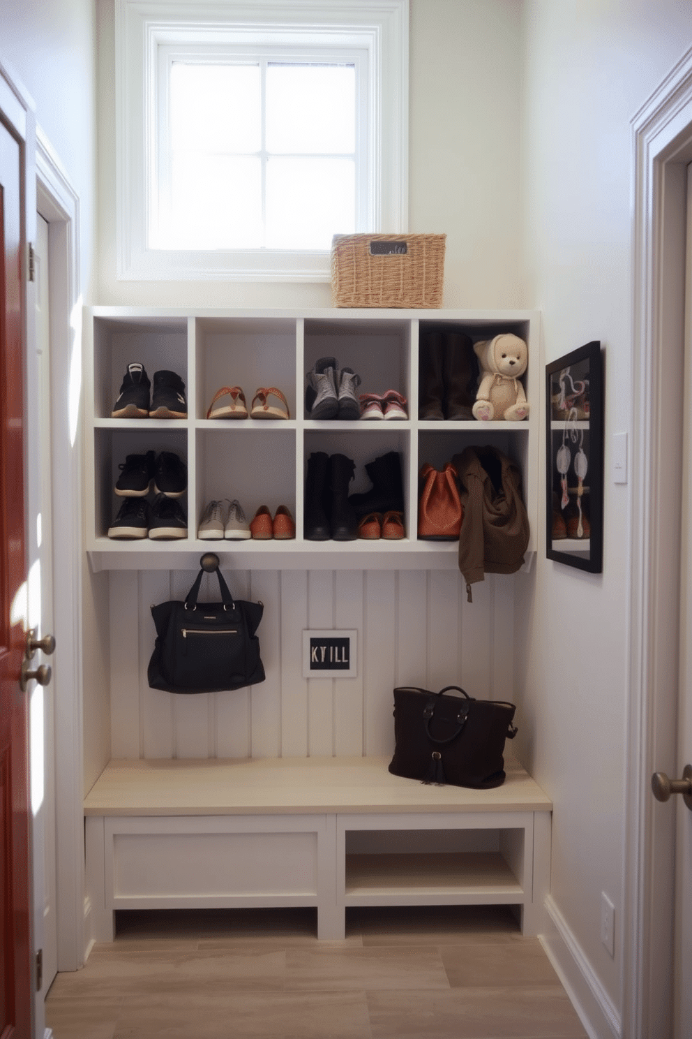 A simple mudroom features open shelving designed for shoes and bags, providing easy access and organization. The space is brightened by natural light streaming through a window, with a bench below the shelving for convenience.