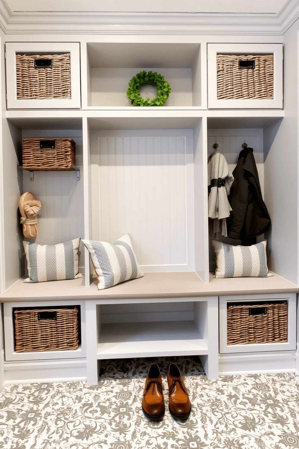 A functional mudroom featuring a built-in bench with soft cushions, flanked by stylish basket storage for easy access. The walls are painted in a light gray hue, and the floor is covered with durable, patterned tiles that complement the overall aesthetic.