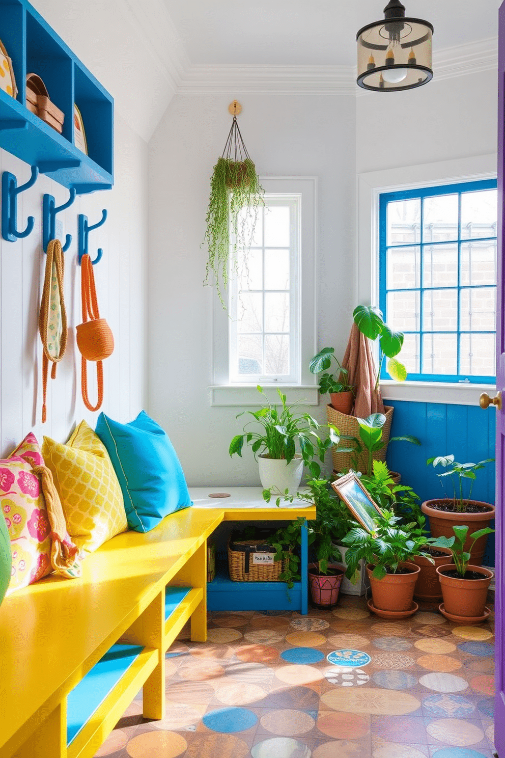 A vibrant mudroom filled with bright accent colors, featuring a cheerful yellow bench with colorful patterned cushions. The walls are painted in a crisp white, while bright blue hooks line the wall, ready to hold coats and bags. The floor is covered with a durable, multicolored tile that adds to the playful atmosphere. A large window allows natural light to flood in, illuminating a collection of potted plants that bring life to the space.