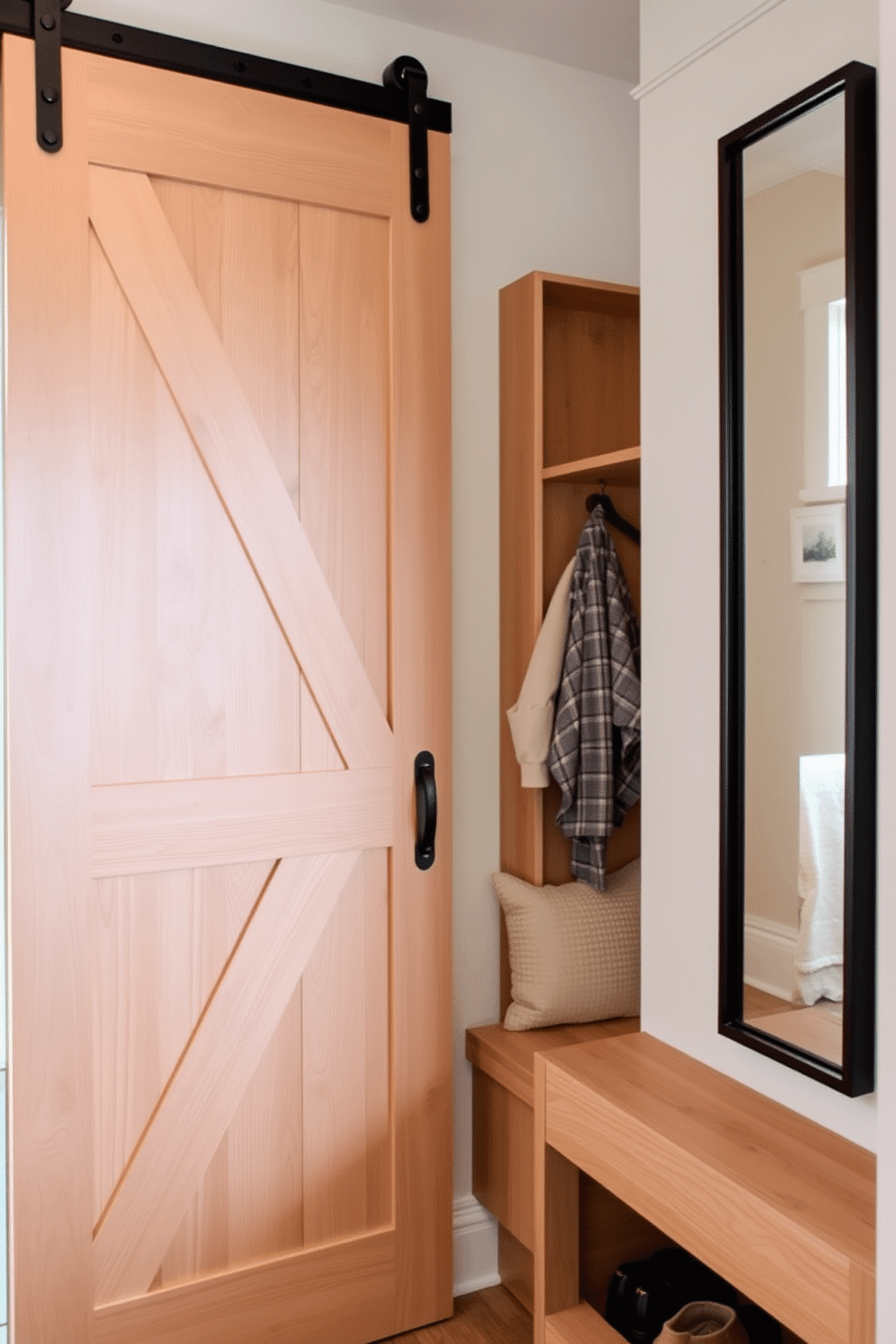 A sliding barn door elegantly separates the mudroom from the living area, enhancing the rustic charm of the space while providing a practical solution for saving room. The door features a natural wood finish, complemented by sleek black hardware that adds a modern touch. The mudroom showcases a simple yet functional design with built-in cubbies for shoes and coats, lined with soft, neutral-toned cushions for comfort. A large, wall-mounted mirror reflects light, making the area feel more spacious and inviting.