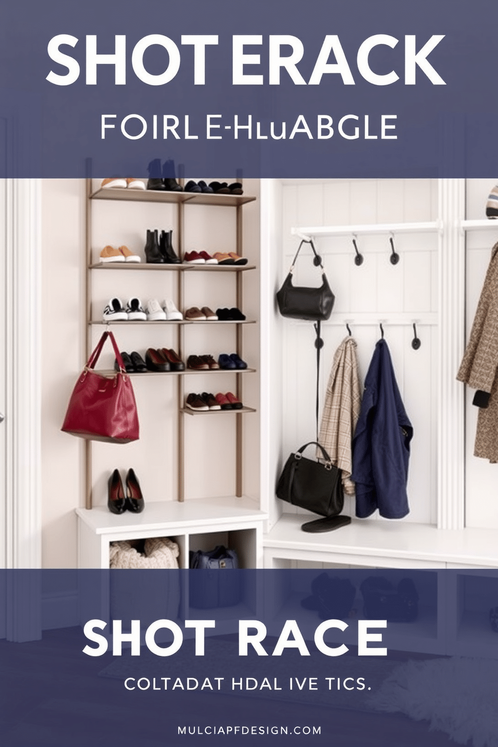 A vertical shoe rack designed for small spaces features a sleek, modern aesthetic with a combination of wood and metal materials. The rack includes multiple tiers to accommodate various shoe sizes, with a minimalist design that maximizes vertical storage while maintaining a clutter-free look. The mudroom design incorporates functional storage solutions with built-in benches and hooks for coats and bags. A neutral color palette is complemented by durable flooring and a stylish area rug, creating a welcoming and organized entryway.