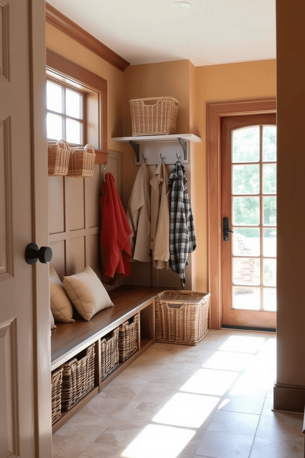 A cozy mudroom featuring woven baskets for stylish organization. The space includes a built-in bench with soft cushions and hooks for hanging coats, creating a welcoming entryway. Natural light floods in through a large window, illuminating the earthy tones of the decor. The floor is adorned with durable tiles, while the walls are painted in a warm, neutral hue, enhancing the overall inviting atmosphere.