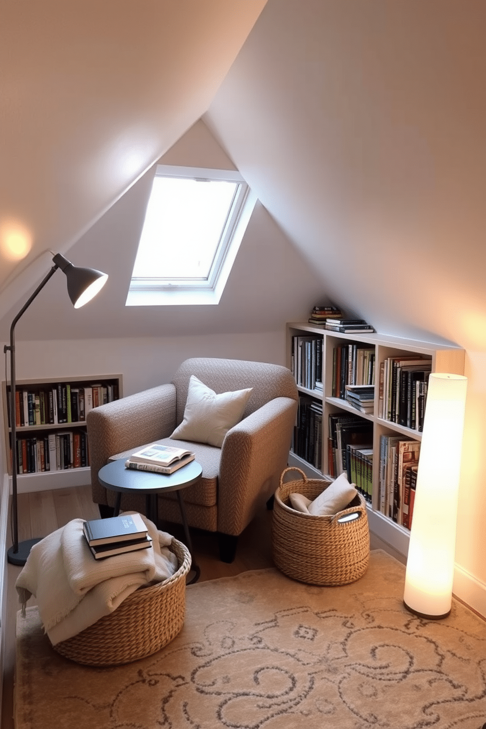 A cozy reading nook with skylights features a plush armchair upholstered in soft, textured fabric, positioned near a large window that floods the space with natural light. A small side table holds a stack of books and a steaming cup of tea, while a woven basket beneath the chair stores additional blankets for comfort. In the small attic design, sloped ceilings create an intimate atmosphere, with a built-in bookshelf lining one wall filled with colorful novels. Soft, ambient lighting from a stylish floor lamp illuminates the space, complemented by a large area rug that adds warmth and texture underfoot.