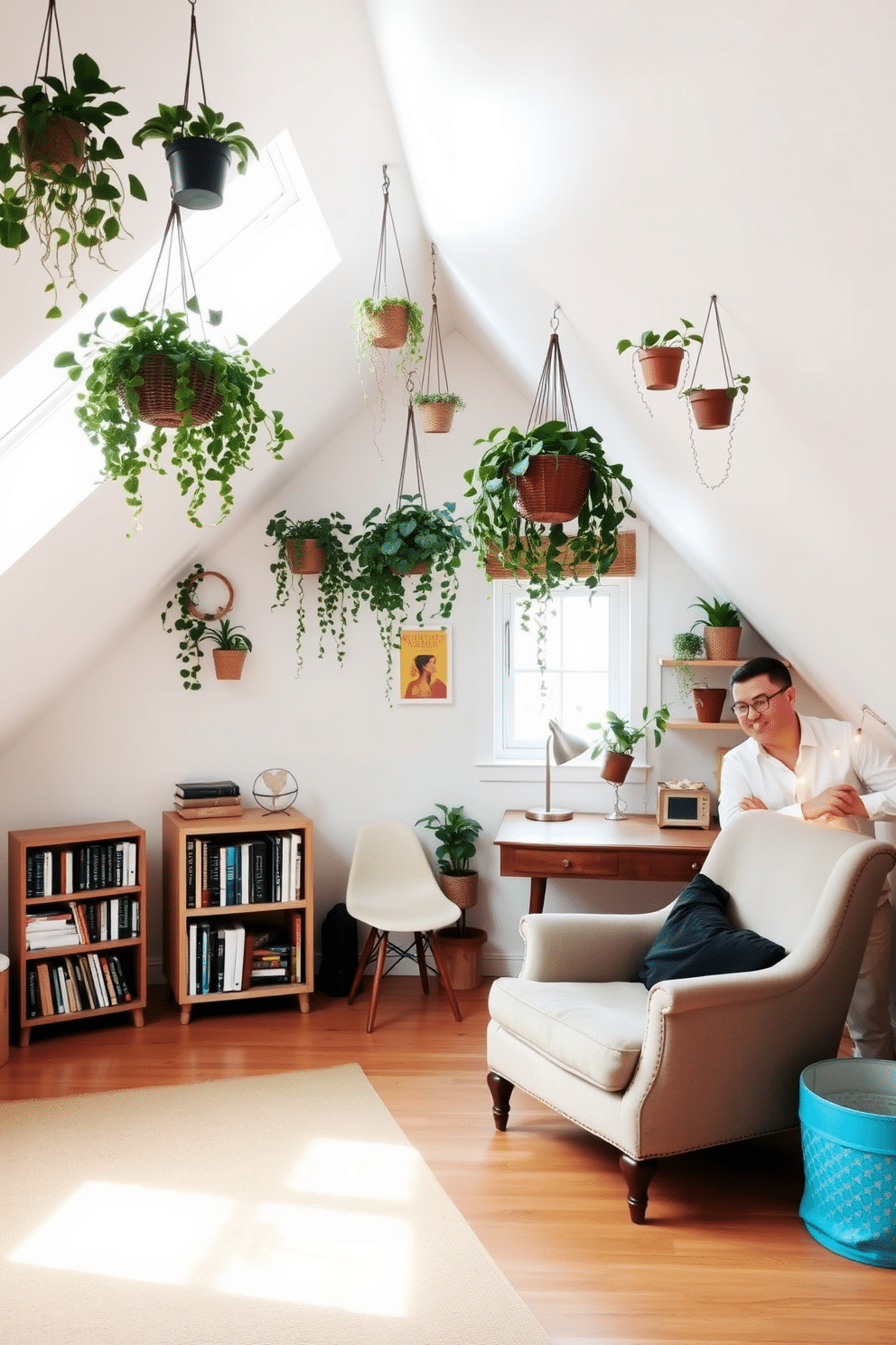 A cozy attic space filled with natural light, featuring a sloped ceiling adorned with hanging plants in various sizes. The walls are painted in a soft white, and a plush reading nook with a vintage armchair sits beside a small wooden bookshelf filled with books. Incorporate a small desk made of reclaimed wood against one wall, paired with a stylish chair, creating an inviting workspace. The floor is covered with a warm area rug, and decorative string lights add a whimsical touch to the overall ambiance.