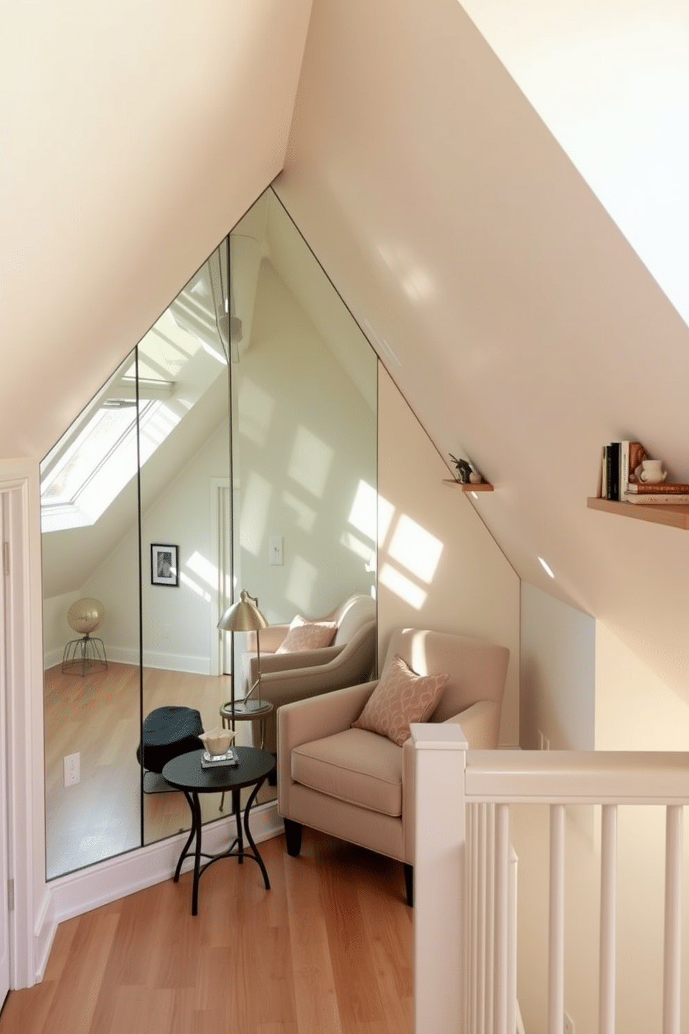 A cozy attic space designed to maximize natural light with a mirror wall that reflects the surrounding elements, creating an illusion of depth. The walls are painted in soft pastels, and the flooring features light hardwood, enhancing the airy feel of the room. In one corner, a plush reading nook is created with a comfortable armchair and a small side table, perfect for relaxation. Decorative shelves are installed along the slanted walls, displaying books and personal mementos to add character to the space.