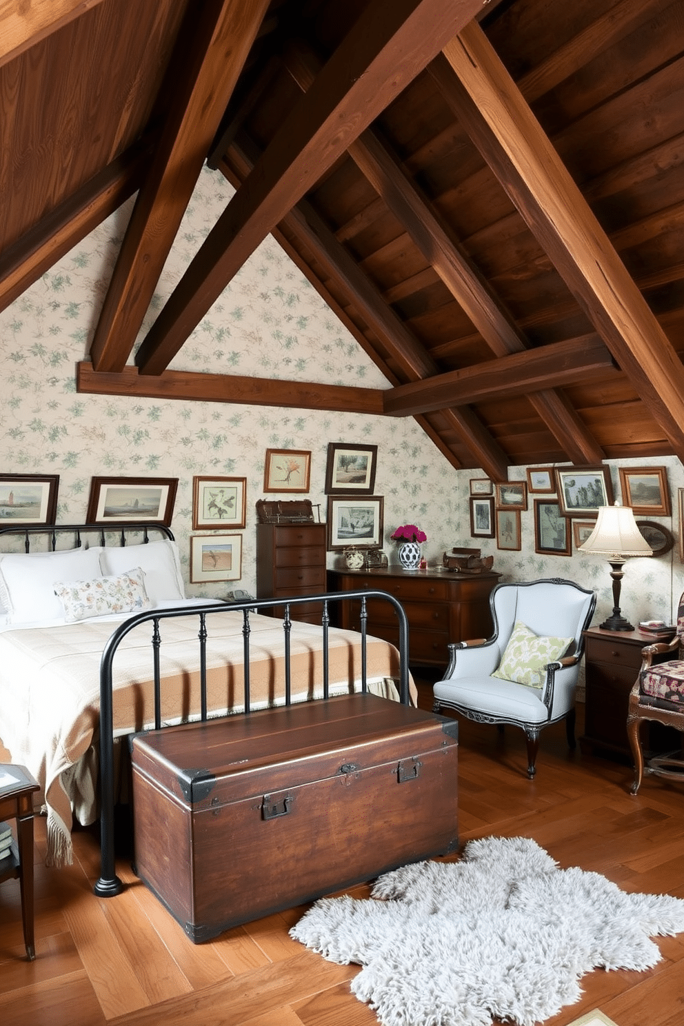 A cozy vintage-inspired attic space featuring exposed wooden beams and a sloped ceiling. The decor includes an antique trunk at the foot of a wrought-iron bed, surrounded by mismatched vintage furniture pieces that add character. The walls are adorned with vintage wallpaper in soft pastel hues, complemented by a collection of framed botanical prints. A plush area rug lies on the wooden floor, and a small reading nook with a vintage armchair and a floor lamp creates a charming atmosphere.