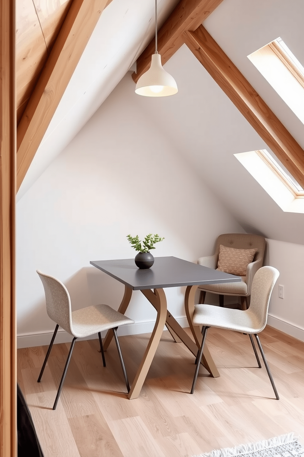 A compact dining area features a sleek, foldable table that can comfortably seat four when extended. Surrounding the table are modern, lightweight chairs in a neutral fabric, complemented by a small pendant light hanging above to create an intimate atmosphere. The small attic design incorporates sloped ceilings with exposed wooden beams, giving the space a cozy feel. A minimalist approach is taken with a small reading nook, featuring a plush armchair and a built-in bookshelf, while soft lighting adds warmth to the room.