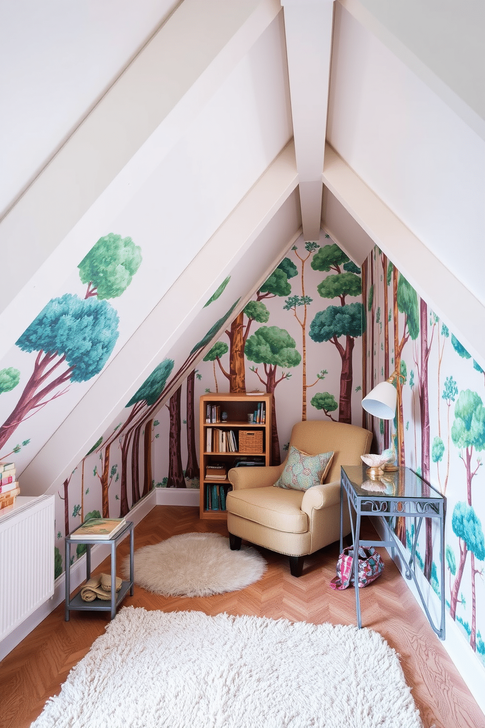 A vibrant attic space filled with personality, featuring a creative wallpaper design that showcases a whimsical forest scene. The walls are adorned with colorful, patterned wallpaper, while the ceiling beams are painted white to enhance the light and airy feel. In one corner, a cozy reading nook is created with a plush armchair and a small bookshelf, inviting relaxation. The floor is covered with a soft, textured rug that complements the wallpaper, and a small desk with a vintage lamp adds functionality to the space.