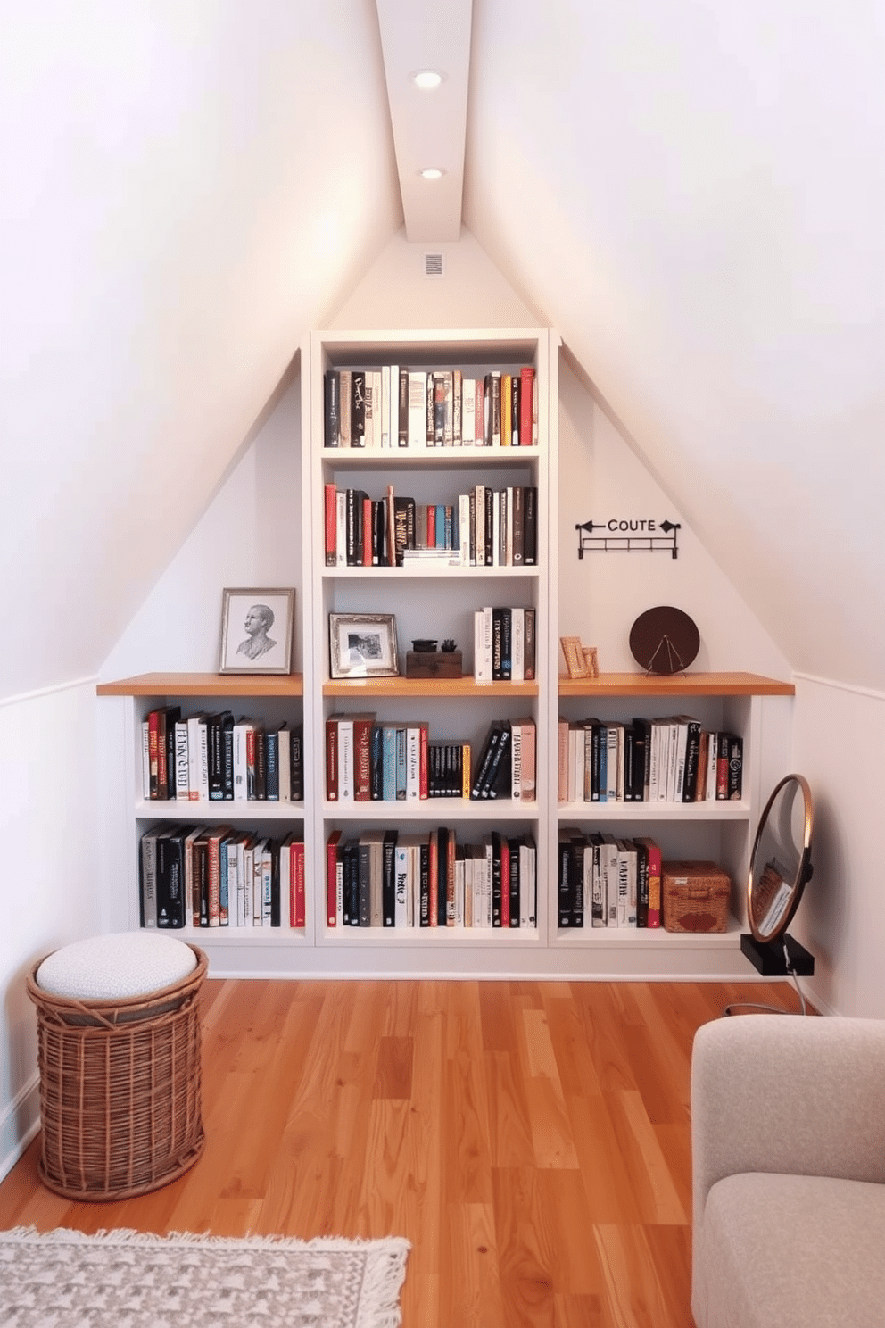 A cozy attic space featuring open shelving for easy access to books and decorative items. The walls are painted in a soft white, and the floor is adorned with a warm, natural wood finish to enhance the inviting atmosphere.