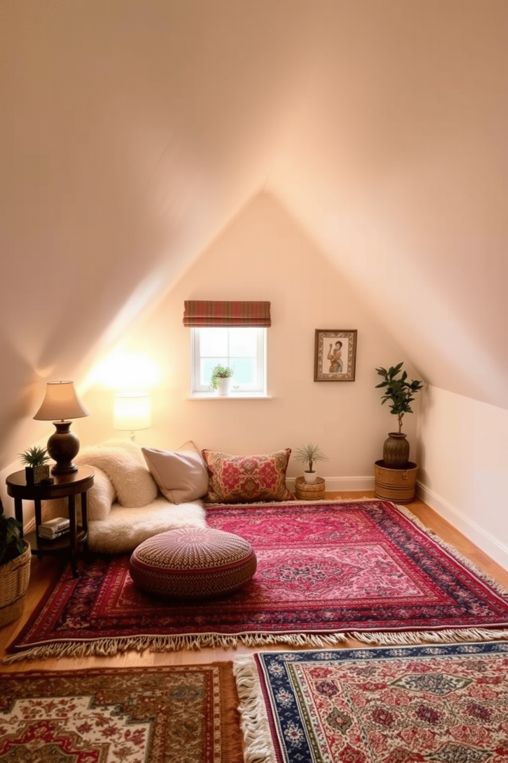 A cozy attic space featuring layered rugs in varying textures and colors, creating a warm and inviting atmosphere. The design incorporates a low-profile seating area with plush cushions, surrounded by soft lighting from vintage-style lamps. The walls are painted in a soft, neutral tone, enhancing the natural light that filters through a small dormer window. Decorative elements like potted plants and framed artwork add personality and charm to the small attic retreat.