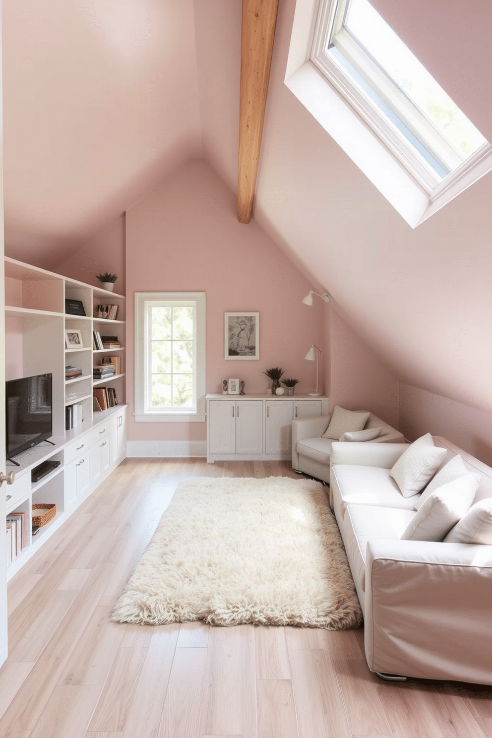 A cozy attic space features lightweight, modular furniture that can be easily rearranged to suit different activities. The color palette consists of soft pastels, with a plush area rug anchoring the seating area, creating a welcoming atmosphere. The design incorporates built-in shelving along the sloped walls to maximize storage while maintaining an airy feel. Large windows provide ample natural light, enhancing the charm of the small attic retreat.